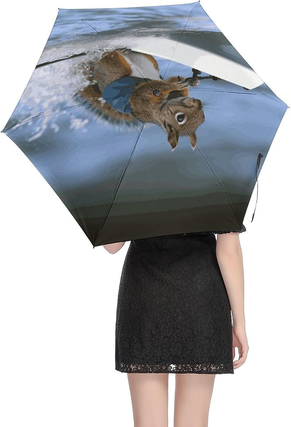 Water Skiing Squirrel Umbrella, Strongest Windproof 5-Fold Travel Umbrellas, Premium Portable Folding Umbrella for Rain & Sun, Compact Umbrellas for Purse Backpack, Outdoor & Gifts
