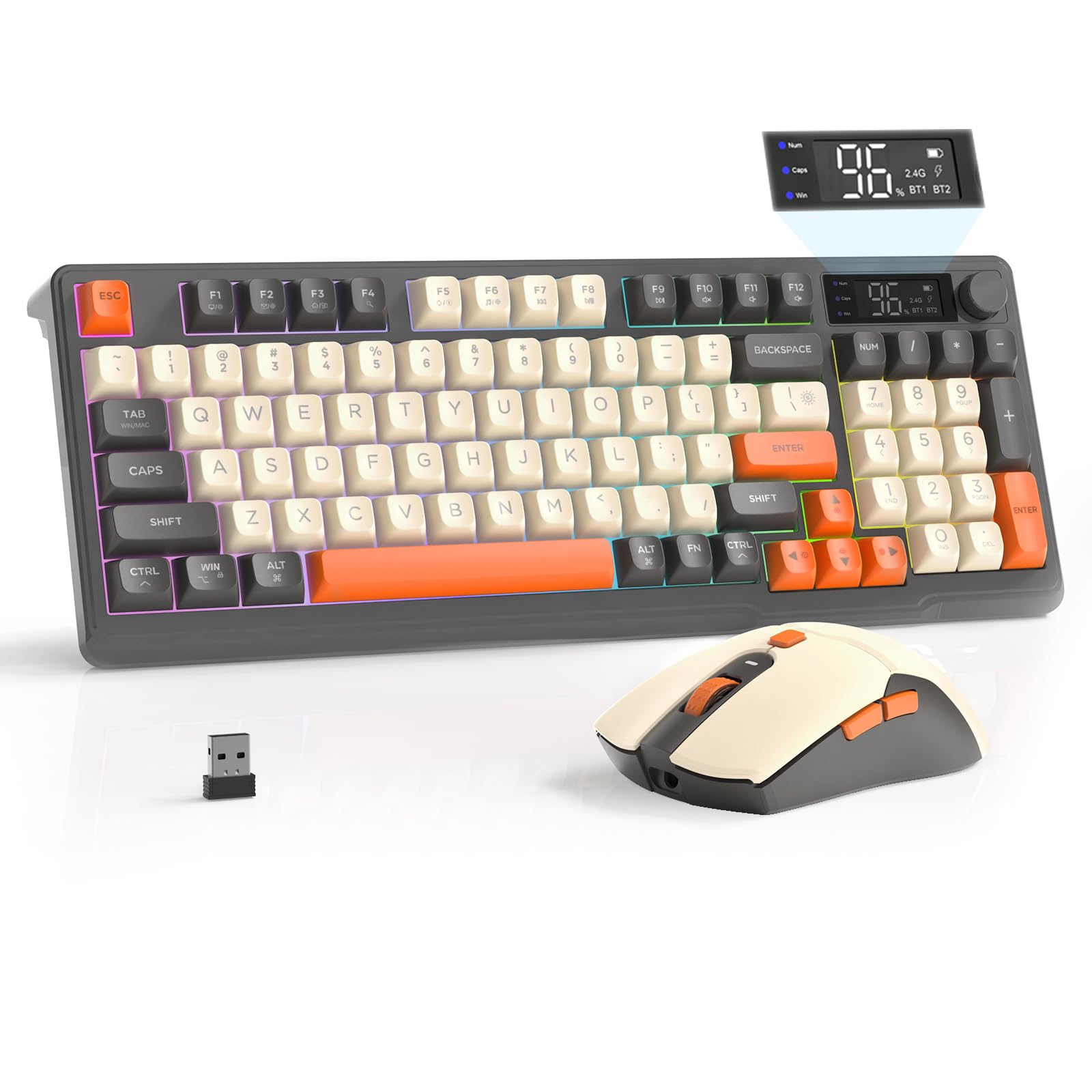 FREEWOLF T96 Teclado y Ratón Inalámbricos, Bluetooth & 2.4G, Teclas PBT, Rueda Multimedia, Pantalla, Silencioso, Anti-Ghosting, Recargable, para Mac/Windows/Linux – Brillar