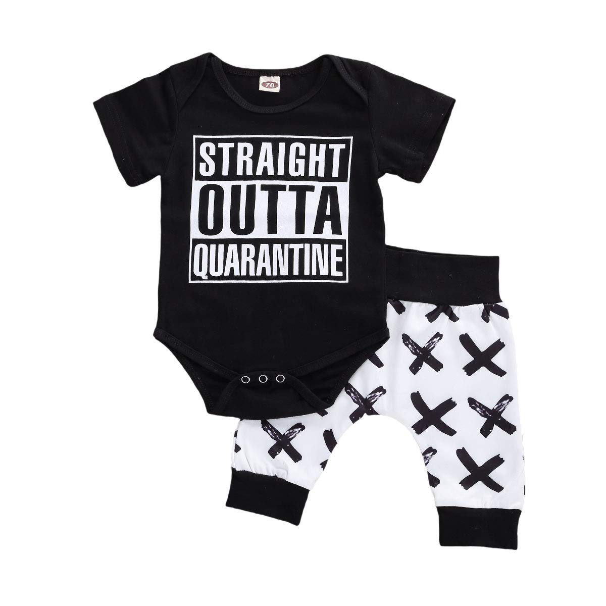Ilyhaha Infant Baby Boys Pants Set Short Sleeve Letter Print Romper Bodysuit+X Pants Summer Outfits (Black Outta, 12-18 Months)