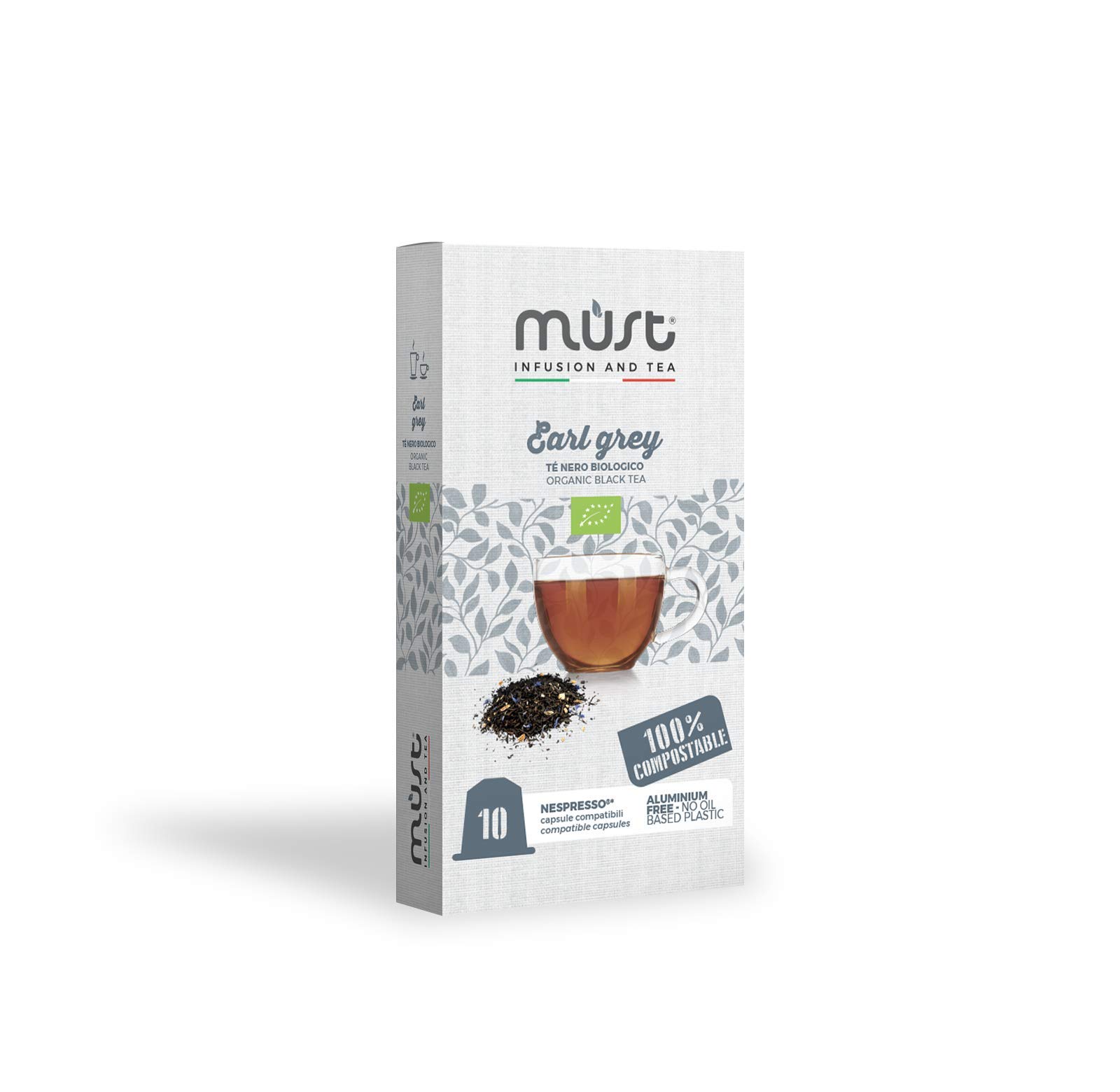 MUST 100 BLACK TEA Capsules Self Protected 100% Compostable, EARLY GRAY TEA Blend Pack of 10 Capsules for 10 Packs Compatible with Nespresso Machine, Made in Italy