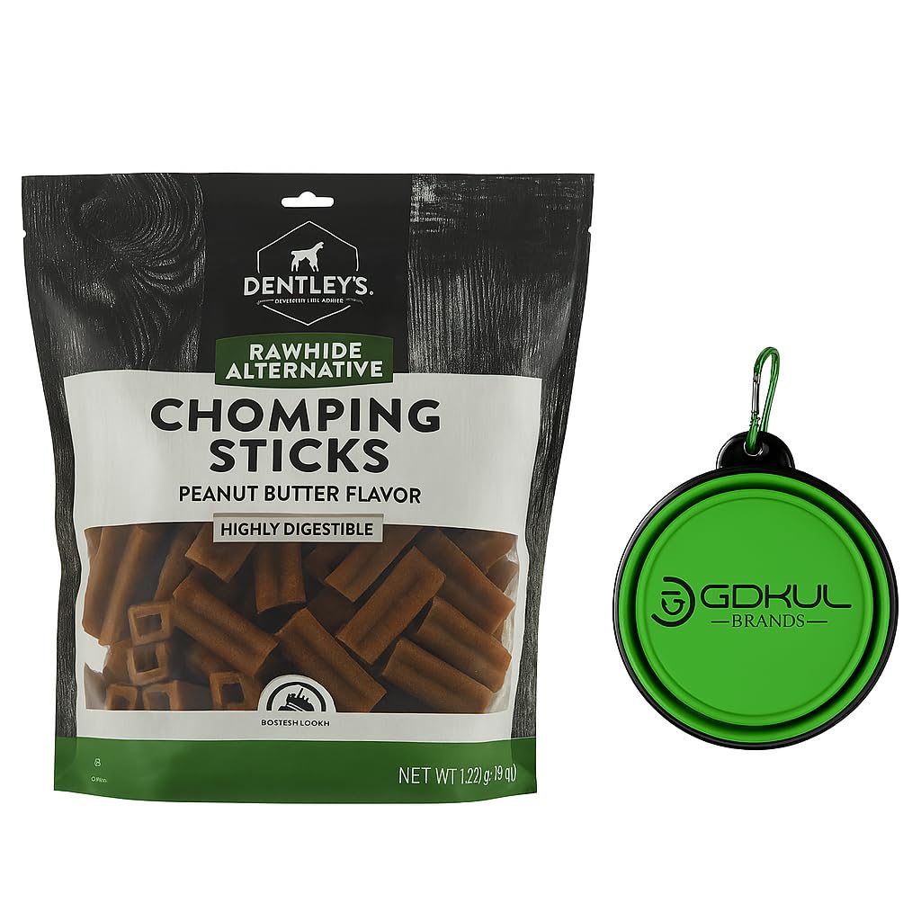 GOKUL BRANDS DENTLEY'S Rawhide Alternative Chomping Sticks Dog Treats, 2LB Dog Chews, Bundled with Collapsible Dog Food Bowl (Assorted Color) (Peanut