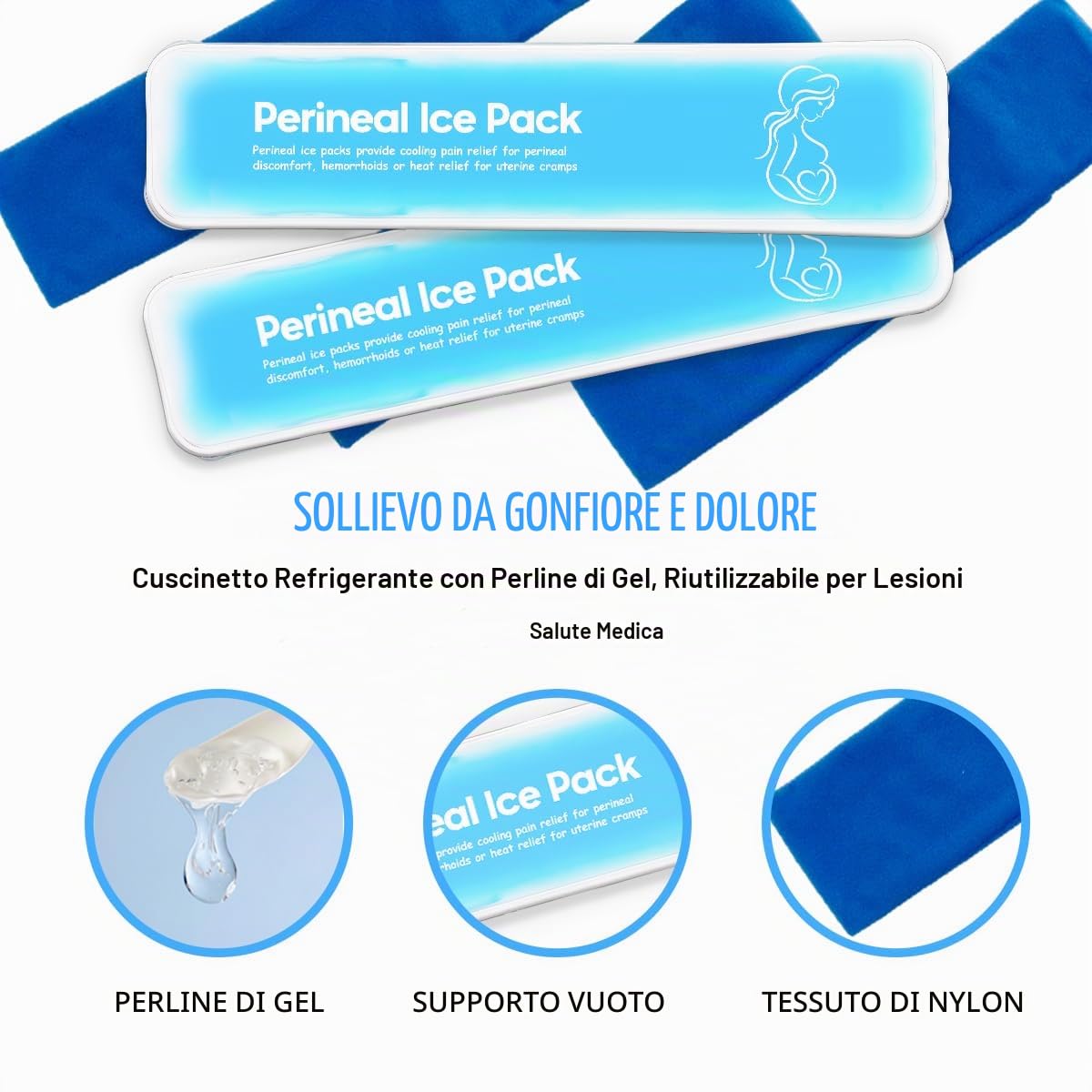 Impacchi di ghiaccio perineali riutilizzabili, emorroidi postpartum, cura del recupero del parto, 2 cuscinetti in gel + 3 maniche lavabili (blu)