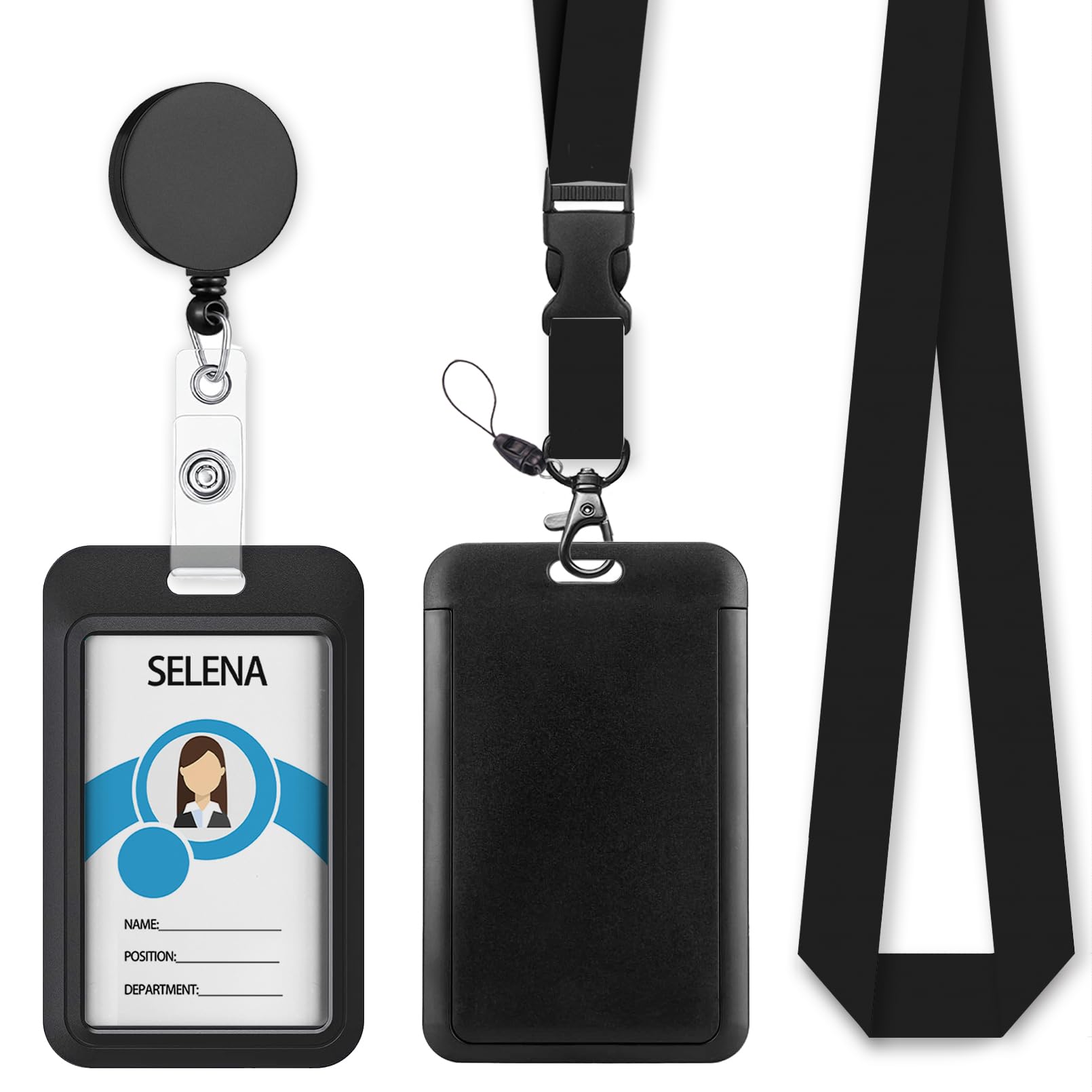 Black Badge Holder Retractable Lanyard, Lanyards for ID Badges Name Tags Vertical Card Holder, Detachable Lanyard Badge Reel Retractable, Teacher