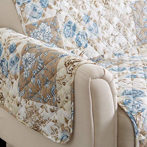 Image of Great Bay Home Reversible Floral Patchwork Loveseat Furniture Protector - Machine Washable, Scalloped Edge, Stain Resistant, Printed Furniture Cover for Dogs, Kids, and Pets (Taupe /Blue)