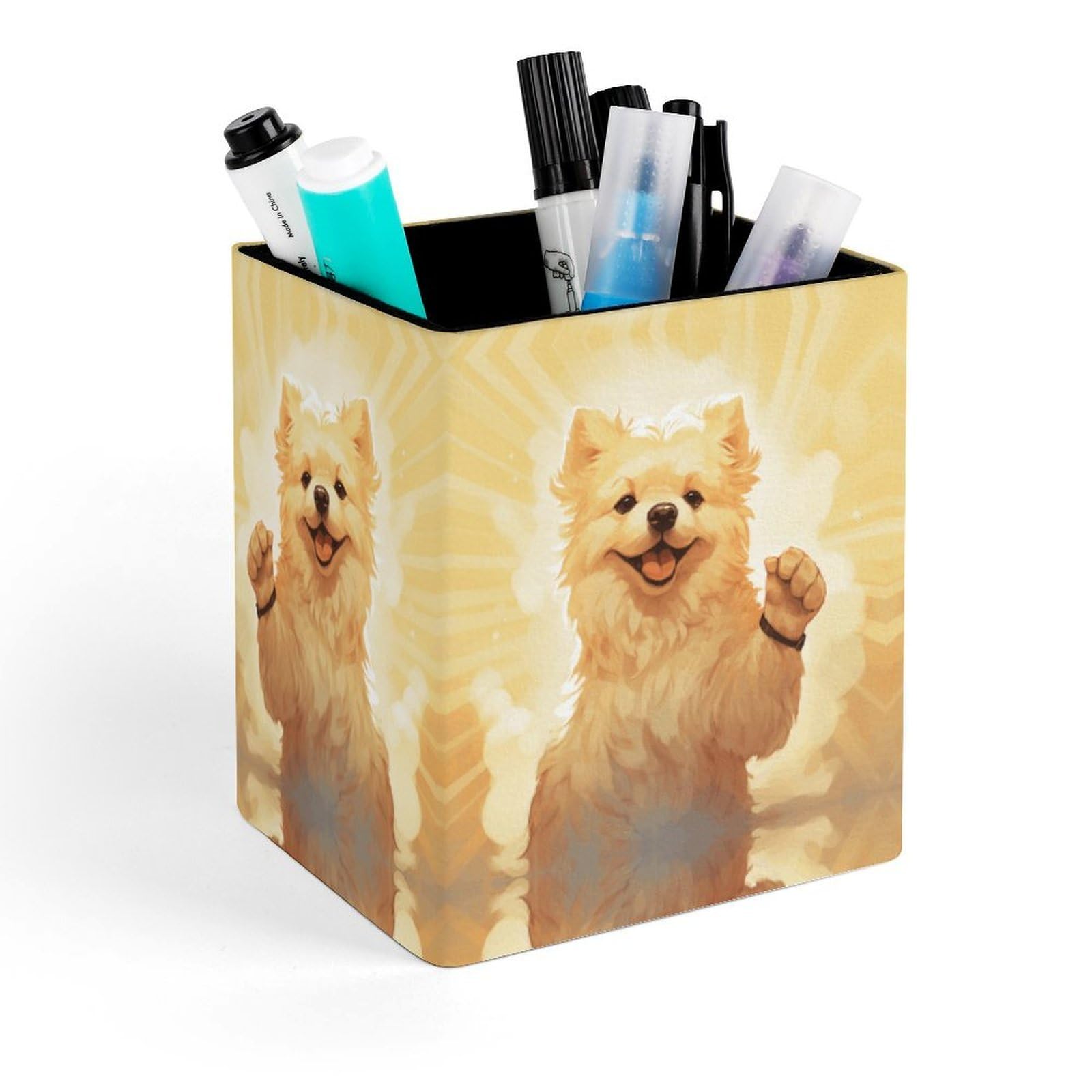 FekiLoot Charming Puppy Pencil Holder for Desk Square Leather Pen Holder Cup Desktop Organizer Multi-Functional Pencil Cup Holders Modern Decorative Desk Organizer Caddy Makeup Brush Holders