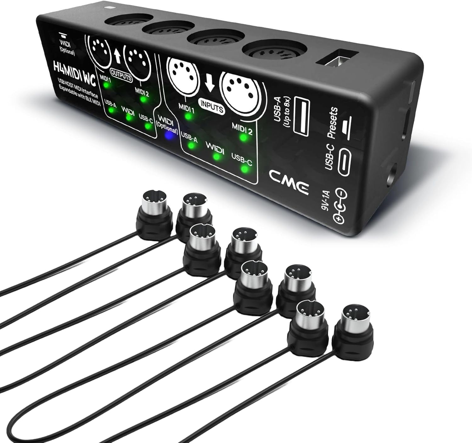 CME H4MIDI WC + 4-Pack 1-FT MIDI Cables - USB Host MIDI Interface with Router, Mapper &amp; Filter + 4-Pack 1-FT 5-pin DIN MIDI Cables for compact spaces