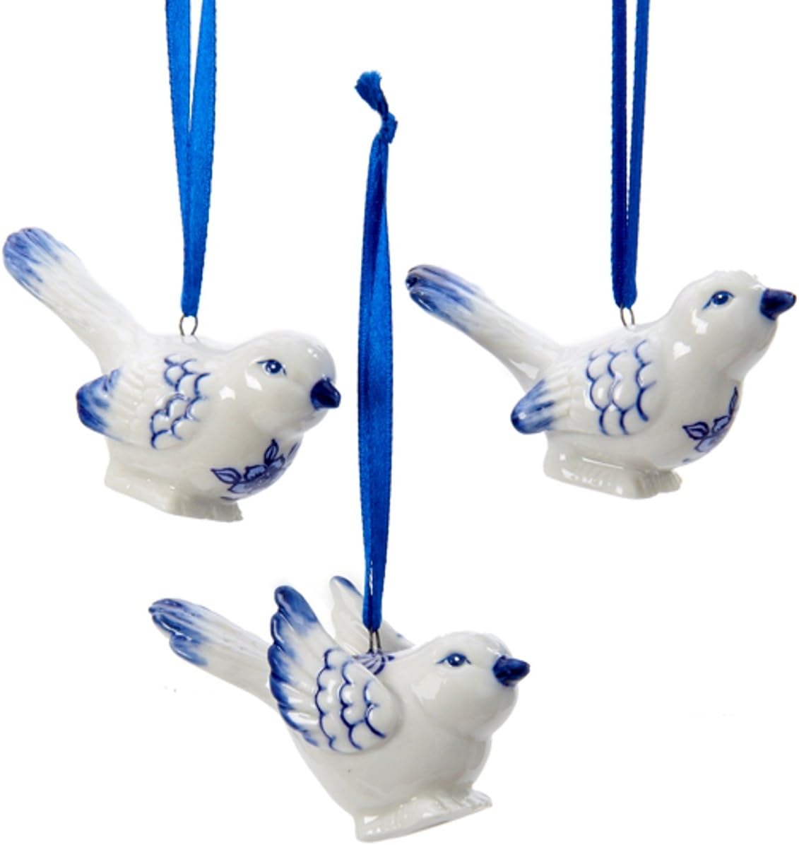 Kurt Adler J7706 Porcelain Delft Blue Bird Ornaments,Blue,White, (Set Of 3)