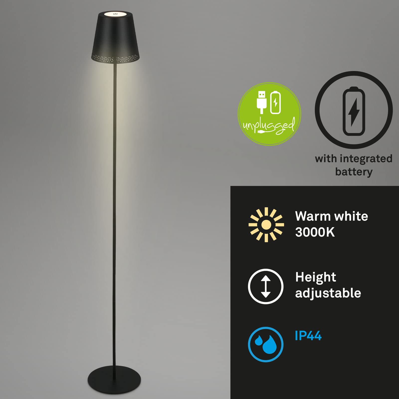 BRILONER – Akumulatorowa lampa stojąca LED 3 w 1, stopniowe ściemnianie, dotykowa, lampa stojąca LED, bezprzewodowa, czarna