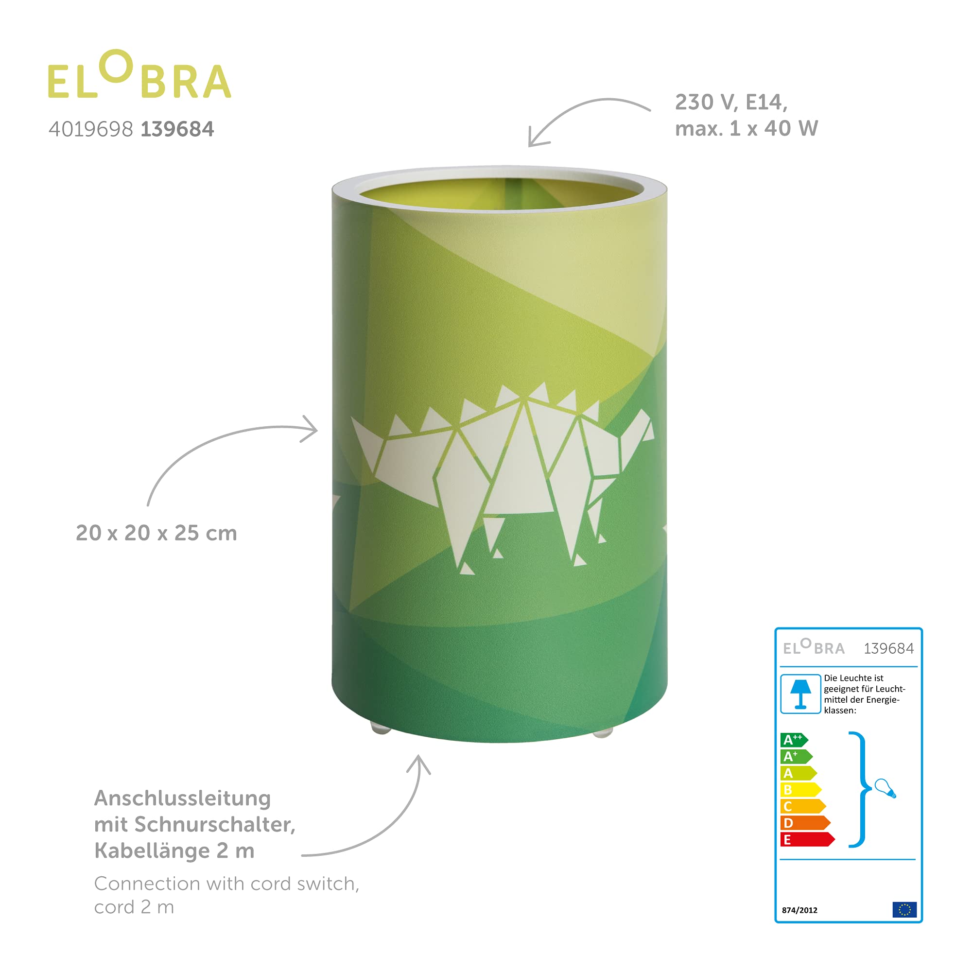 Elobra Lámpara de habitación infantil para niños, dinosaurio, dinopoly, lámpara de mesa LED, lámpara de mesita de noche, lámpara de escritorio, luz de ambiente para habitación infantil y habitación de