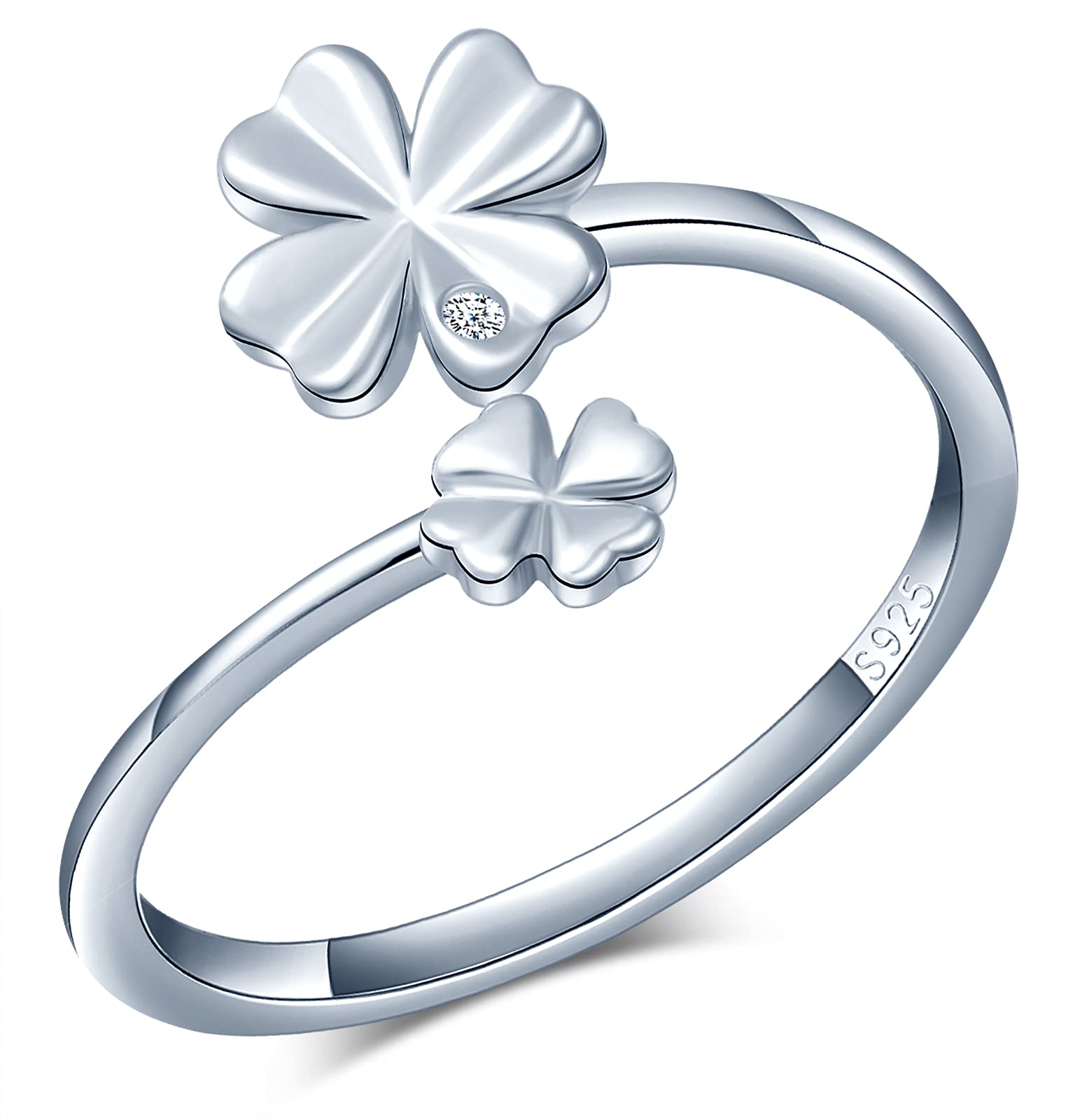 MicVivienIrish Shamrock Four Leaf Clover Open Adjustable Rings, Sterling Silver 925 Rings for Women, Lucky Rings Jewellery