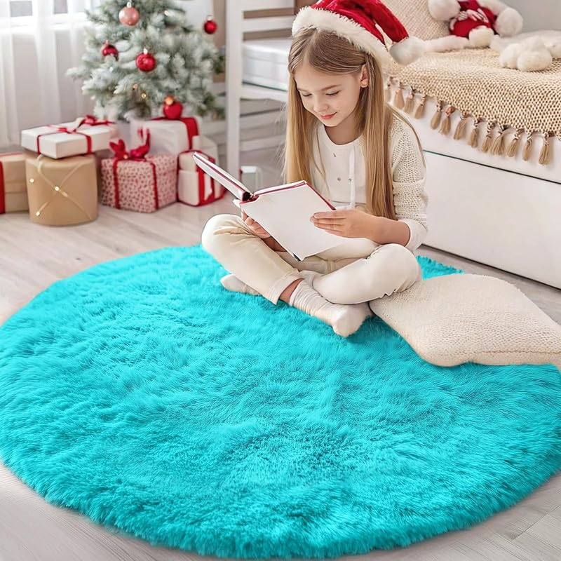 Image of Round Plain Fur Rugs Under Chair 4x4 Feet Microfiber 2 Inch Pile Height Modern Interior Mat Turquoise
