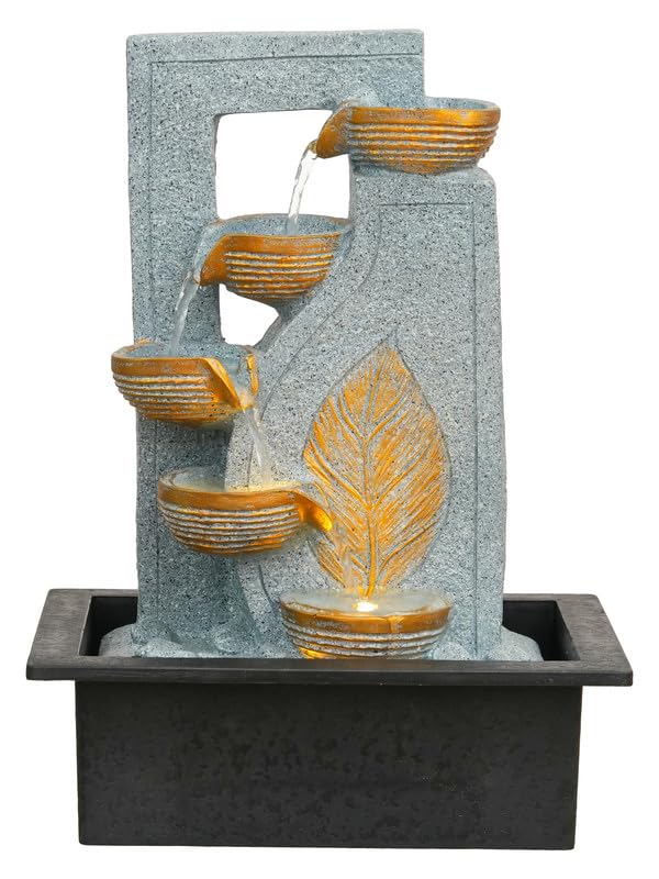 Image of Polyresin Table Top Grey 4 Diya Steps & Green Leaf Design Indoor Waterfall Fountain for Home Decor with LED Lights & Speed Controller Pump (Size: 40 x 29.5 x 22CM | Weight: 2250grm)