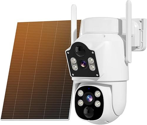 Hiseeu Cámara solar inalámbrica de doble lente, cámara de seguridad WiFi de 4 MP, PTZ 360, detección de movimiento PIR, visión nocturna a color,