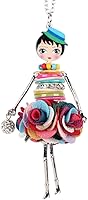 BONSNY Paris Doll Necklace - Handmade 4.6" Doll Pendant with Cotton Dress, Crystal Flower & 35" Steel Chain