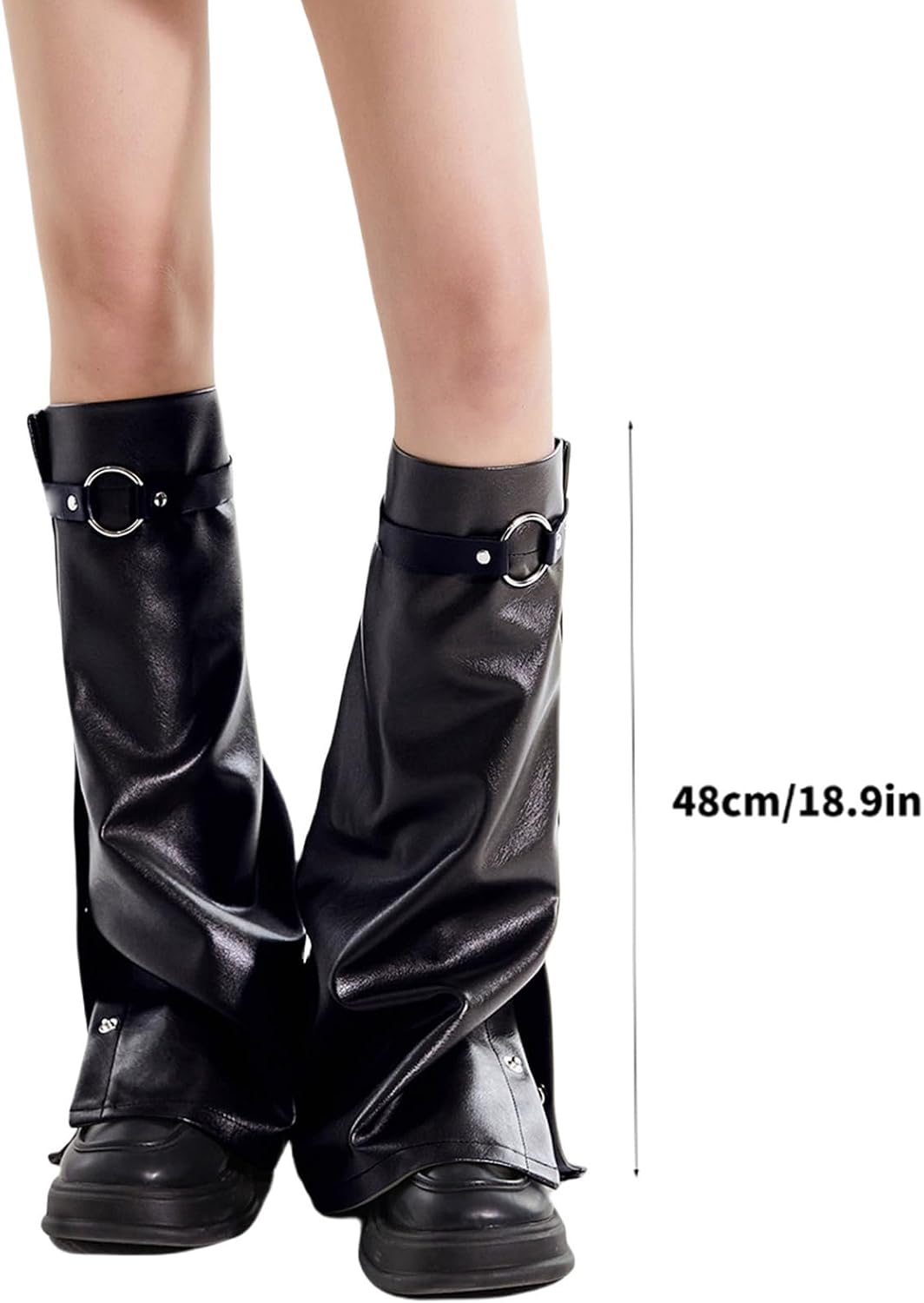 Leg Warmers, Women Motorcycle Punk Buckle Leather Leg Warmers Side Buttons Gaiters Footless Socks Wide Boot