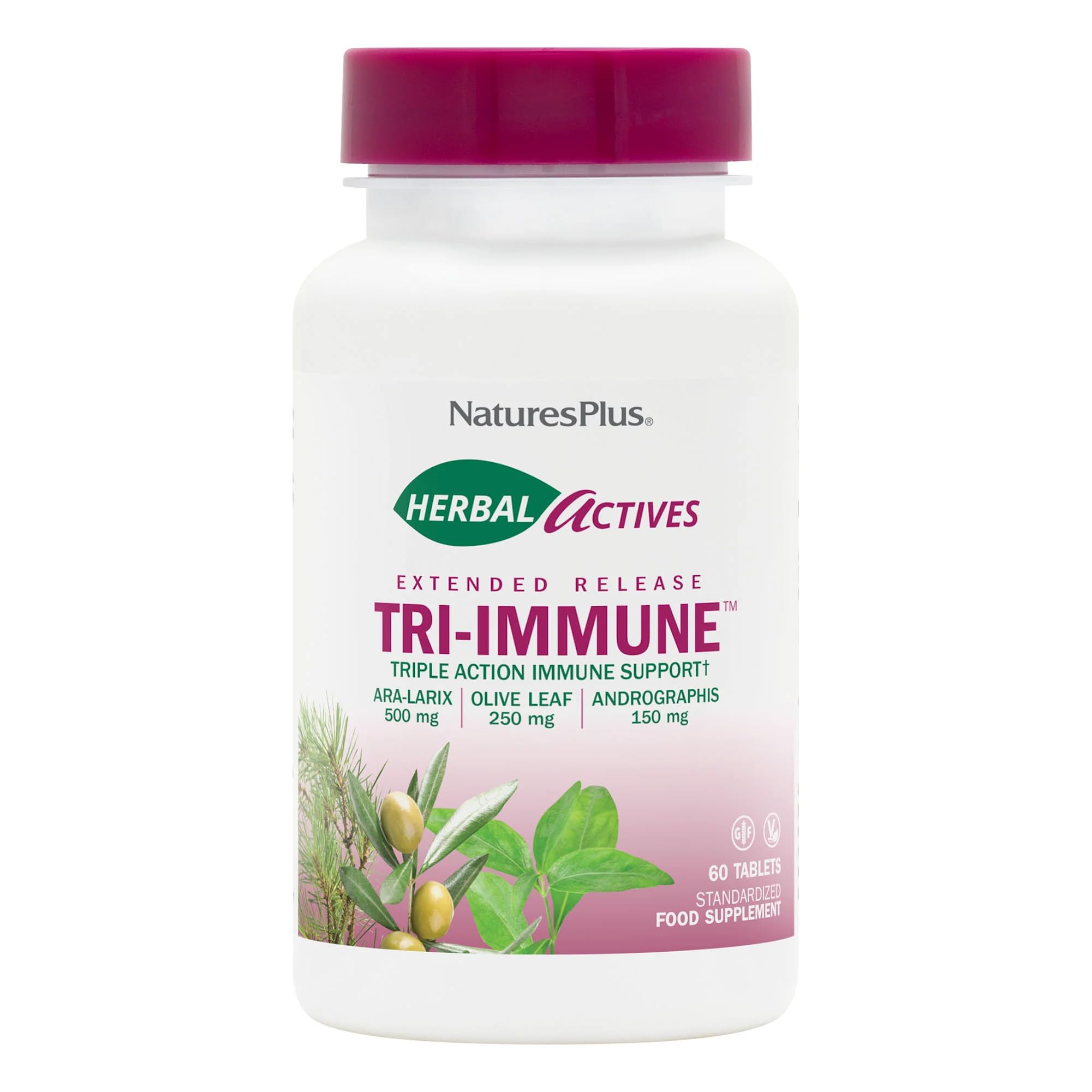 NaturesPlus Herbal Actives Tri Immune Tablets - Triple Action Immune Support with Zinc and Vitamin C, Olive Leaf, Arabinogalactans, Andrographis - Vegetarian, Gluten Free - 60 Tablets