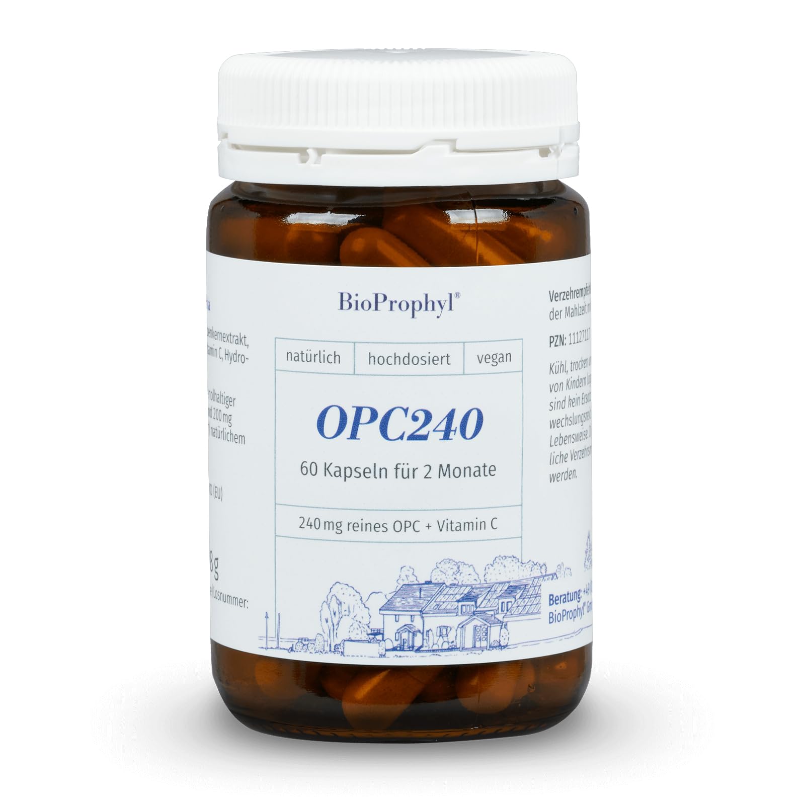 OPC240 - Das Original - 240mg reines OPC aus 600mg Traubenkernextrakt aus französ. Trauben mit Vitamin C aus Acerolakirsche - hochdosiert, zertifiziert - 60 pflanzl. Kapseln für 2 Monate
