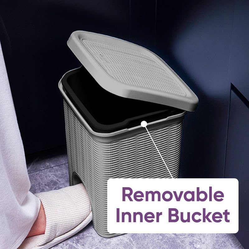 Image of Superio 2-Pack Mini 6L Step Pedal Trash Can - Wicker Design, Hidden Mechanism, Durable Plastic, Ideal for Desktop, Countertop, Pet Waste /Dog Poop- Grey