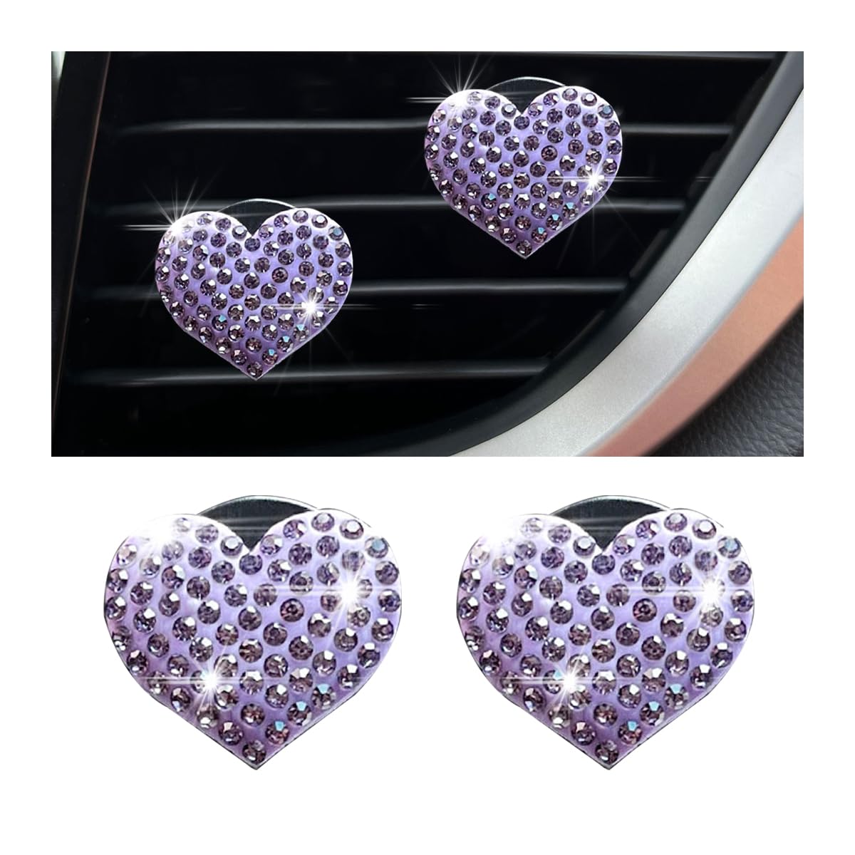 Osilly Car Bling Air Vent Clips, 2 Pcs Bling Heart Charm Air Conditioning Outlet Clip, Crystal Rhinestone Accessories, Sparkly Car Interior Decoration