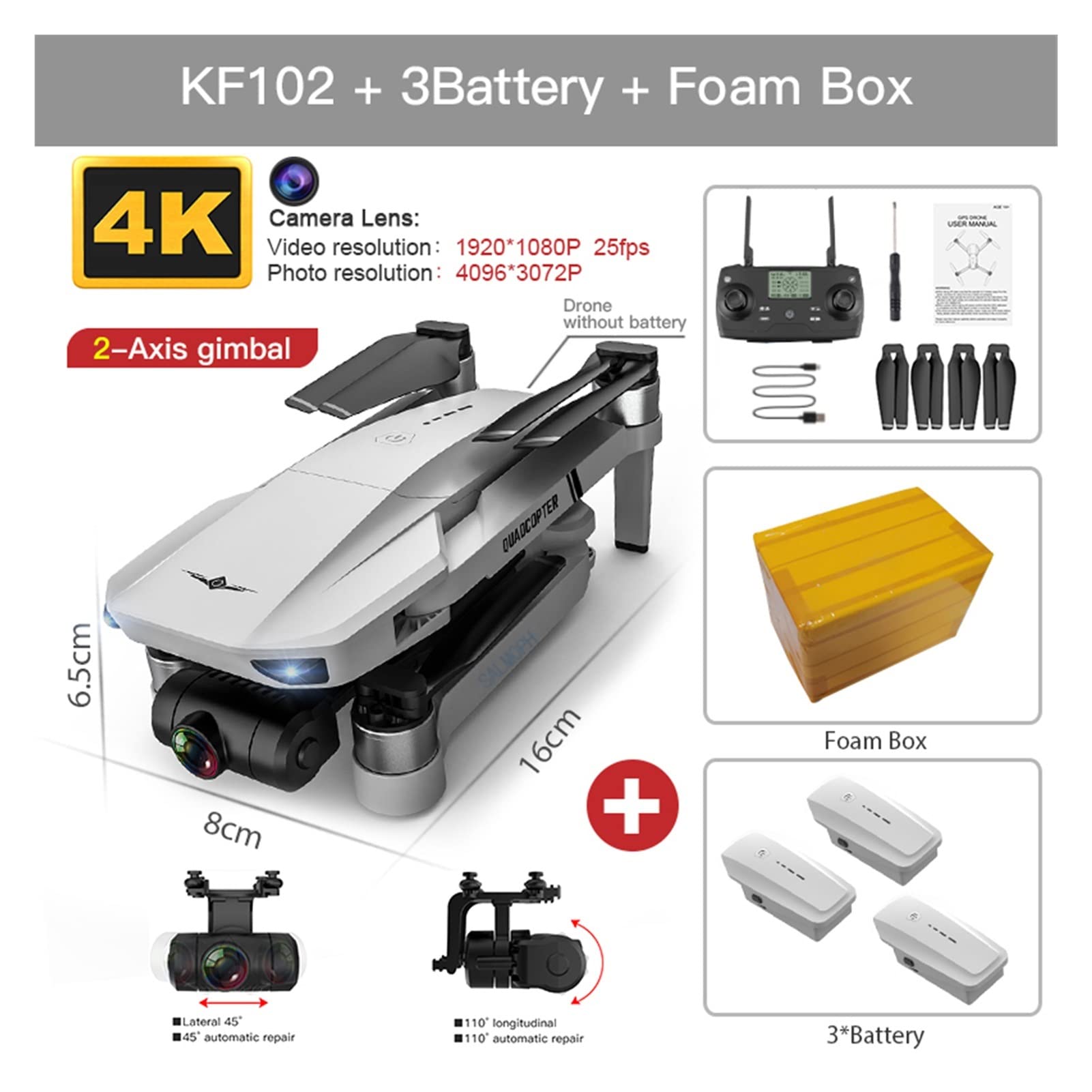 MAX Drone 4K Profesional z kamerą HD 5G WiFi GPS 2- Anti-Shake Gimbal Quadcopter Bezszczotkowy mini dron KF102 4k Dron (Kolor: KF102 3B Foam Box)