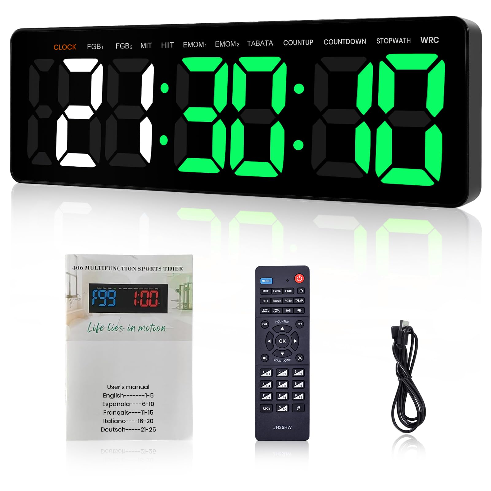 Fitness Gym Timer Groß mit Stoppuhr Countdown Countup 12/24H Uhr, Fernbedienung, 3 Helligkeit & Lautstärke Einstellbar