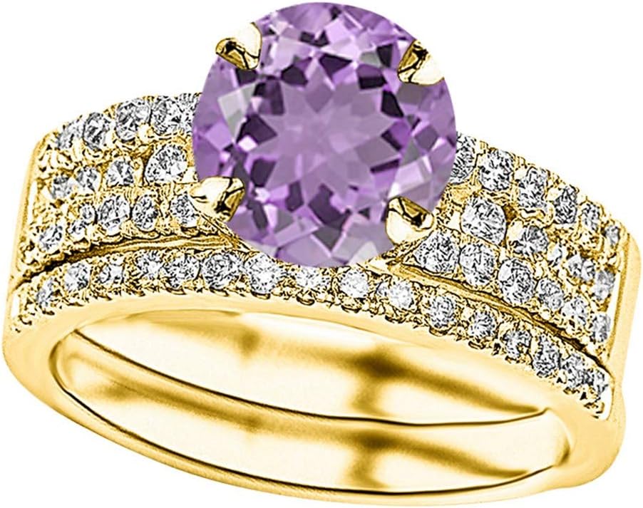 1.33 Carat t.w 14K White Gold Three Row Prong And Middle Row Channel Set Round Diamonds Engagement Ring and Wedding Band Set w/a 0.75 Carat Round Cut Purple Amethyst Heirloom Quality