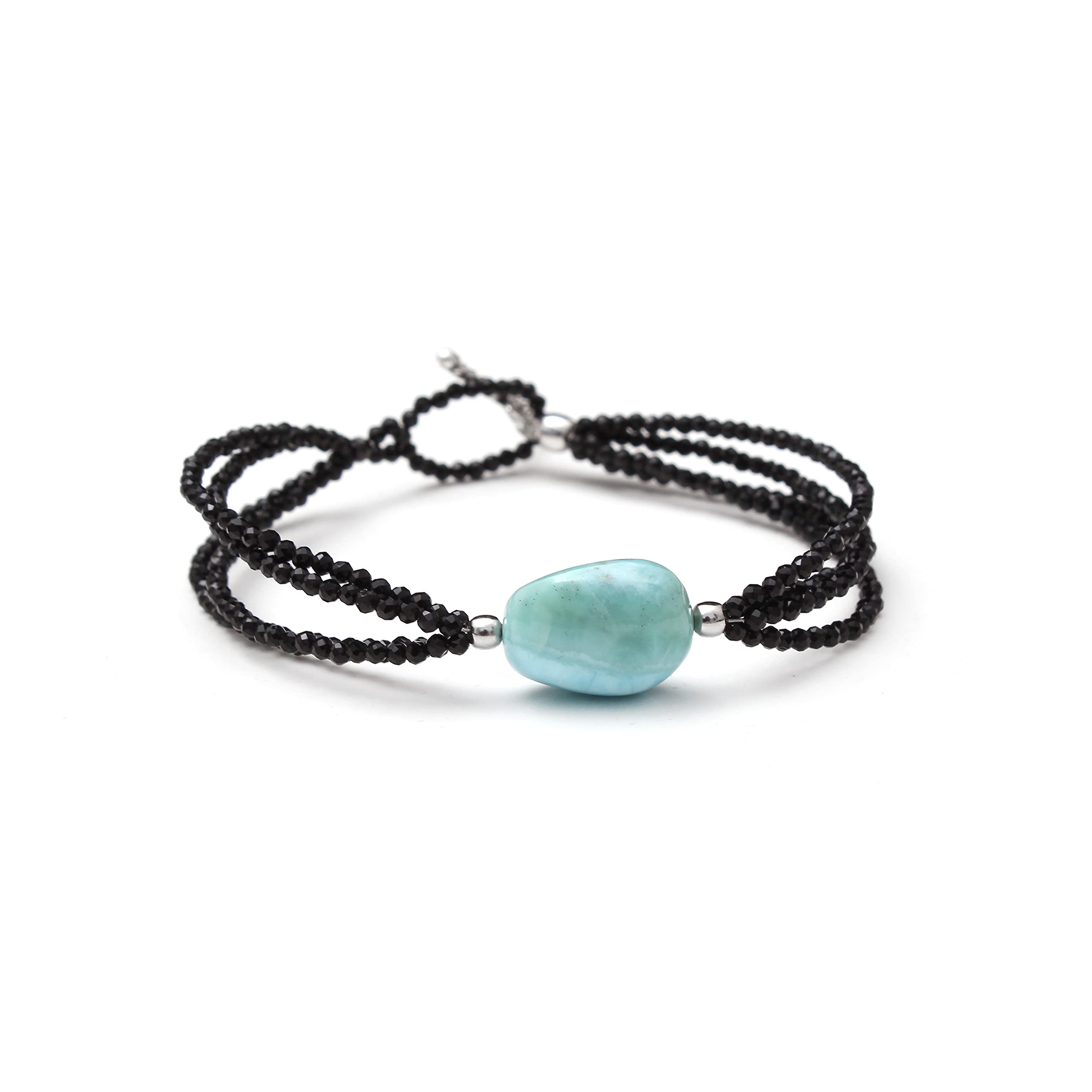 A&M GEMS & JEWELS A&M Natural Larimar Tumble Black Spinel Faceted Round 925 Sterling Silver Toggle Clasp Handmade Beaded Bracelet Minimalist Healing