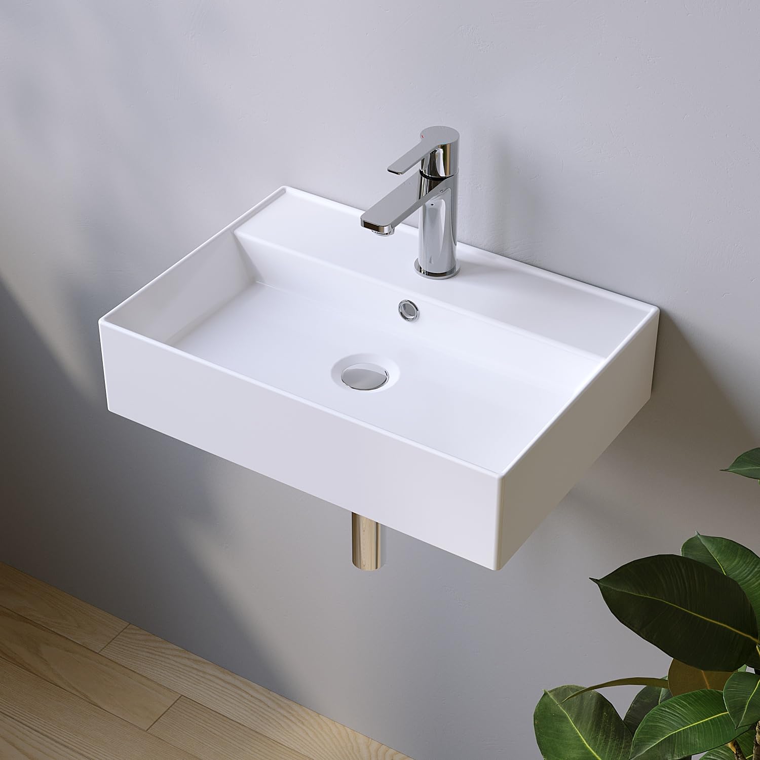 Lavabi in ceramica angolare 50 x 35 cm, lavabo a incasso per mobile da bagno, lavabo per bagno degli ospiti, sospeso, lavabo a parete, bianco, con foro per rubinetto, troppopieno, viti di fissaggio