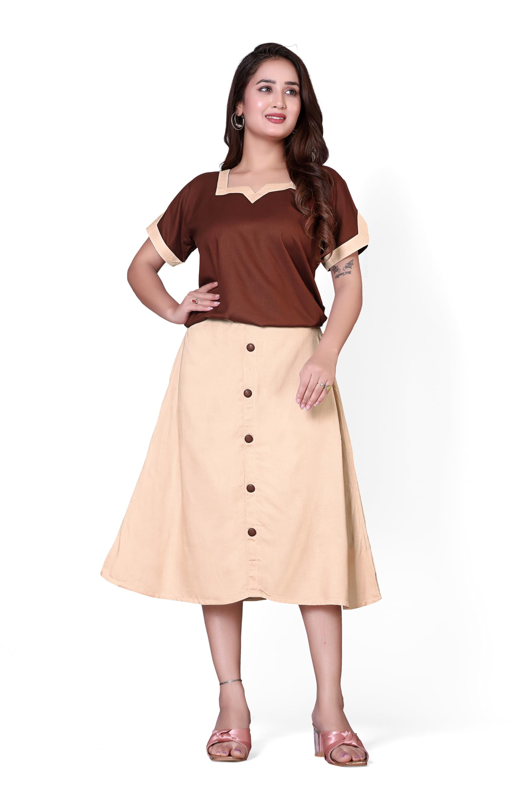 fulpari Women's Two Piece Dress Set, Brown and Beige, Short Sleeve Top with Button Front Skirt-picture-44