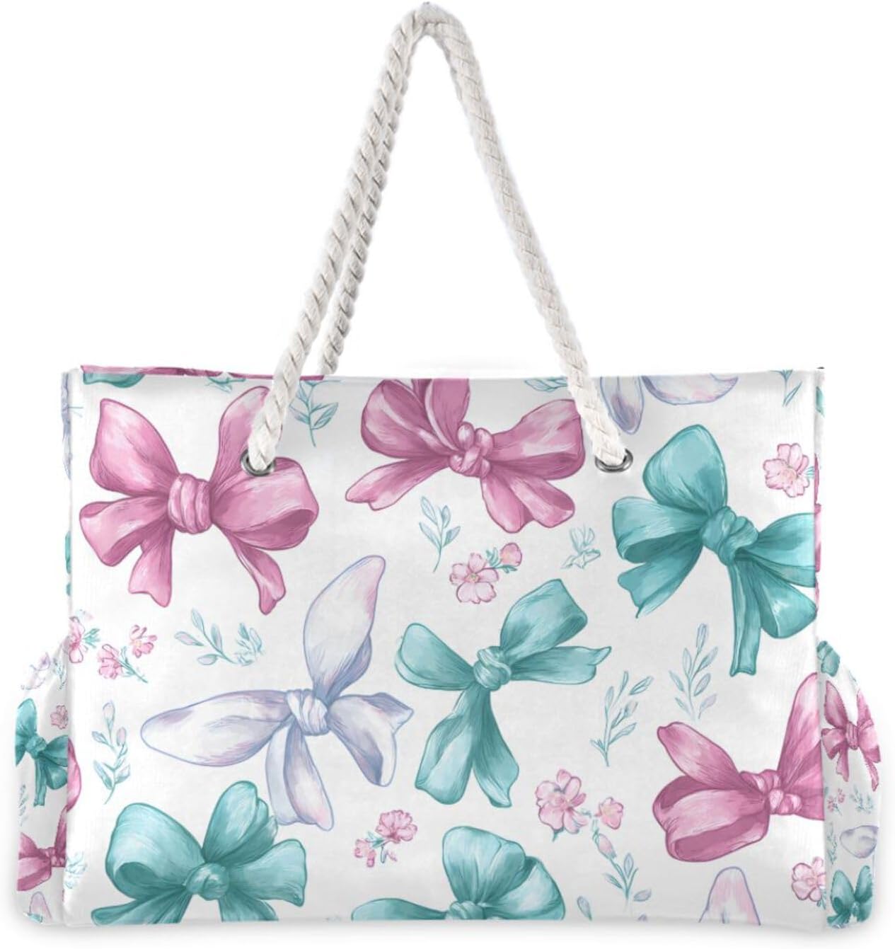 OTVEE Watercolor Bow with Floral Beach Bags for Women Ladies Large Canvas Tote Shoulder Bag Waterproof Travel Bags for Gym Swim Pool Camping