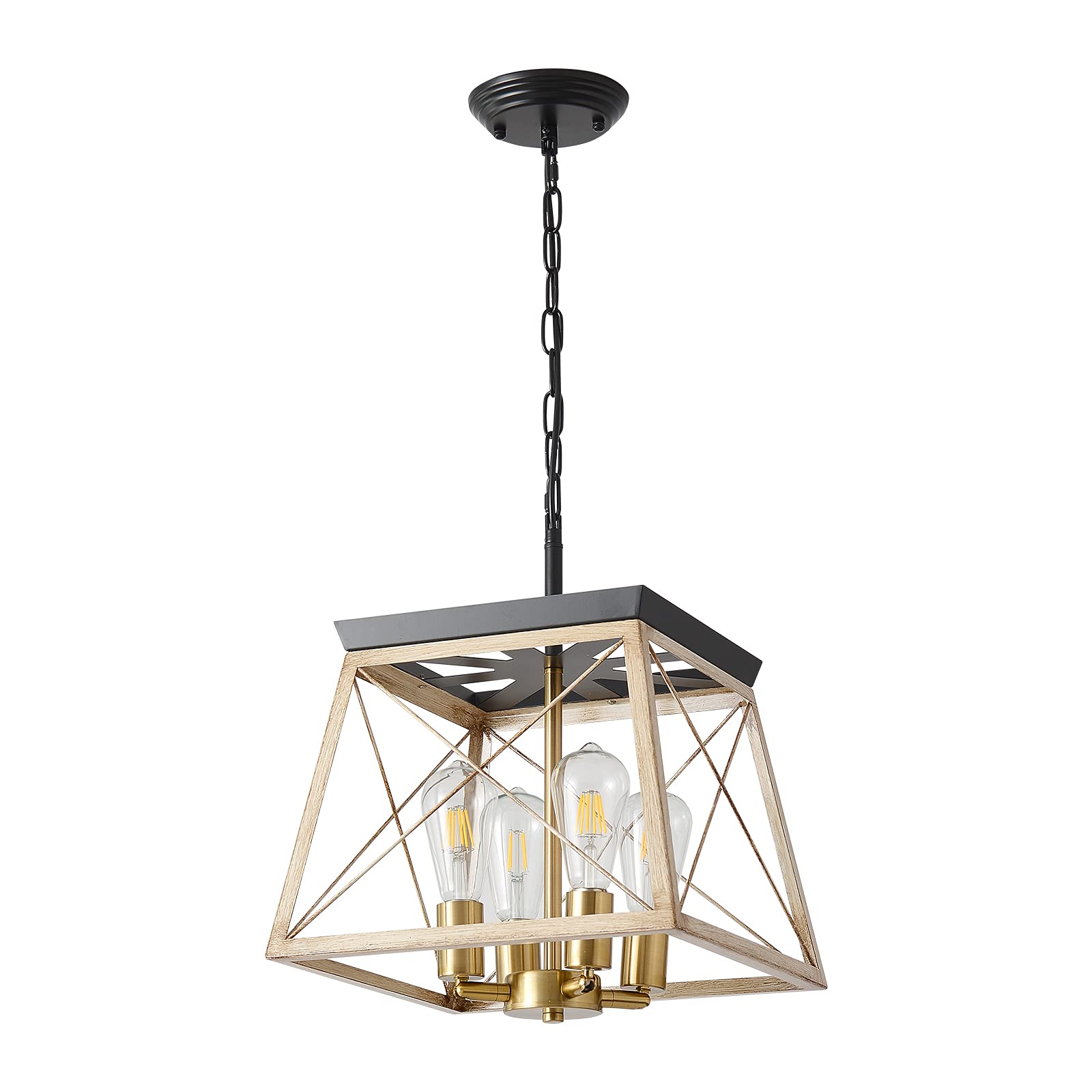 Photo 1 of 4-Light Farmhouse Chandeliers Industrial Lighting Fixture Rustic Pendant Light Wood Square Hanging Adjustable Island Kitchen Light for Foyer Hallway Entryway