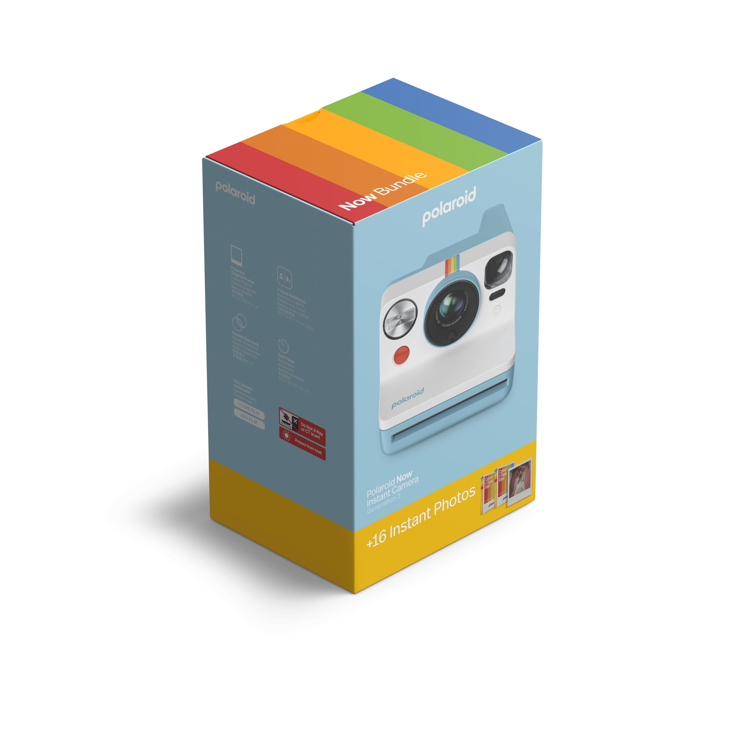 Polaroid Now 3rd Generation I-Type Instant Camera + Film Bundle - Now Black Camera + 16 Color Photos (6560): Camera + Film Artic Blue
