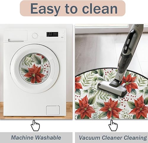 Miniatura 5 de Christmas Poinsettia Red Holly (03) Round Area Rug 3ft Machine Washable Circular Rugs for Dining Room Table Bedroom Playroom Throw Rugs for Dog