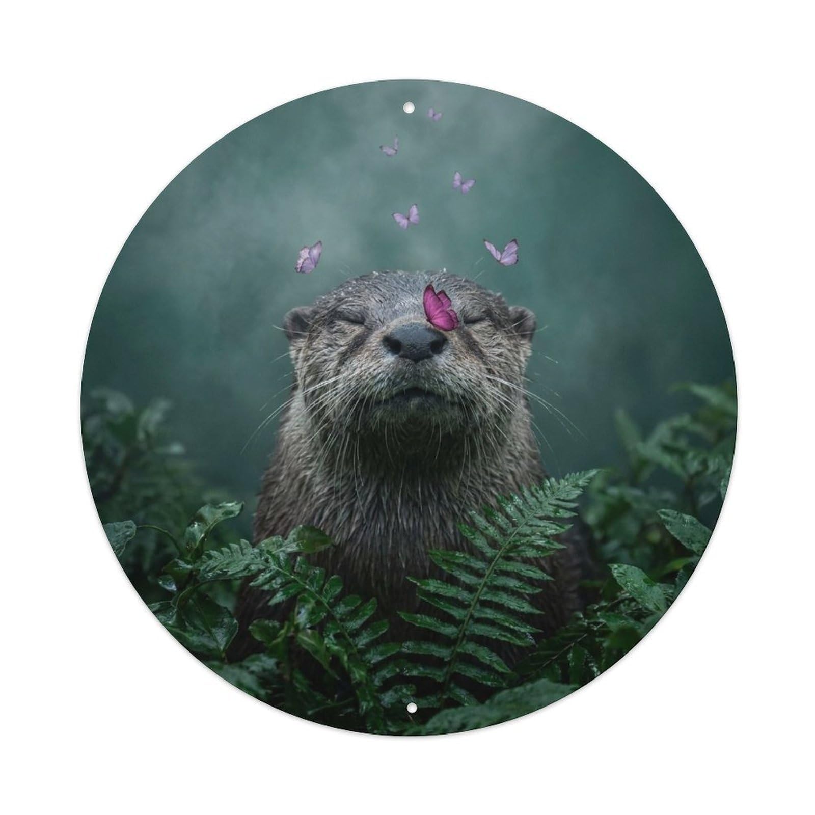 Magenta Butterfly River Otter Wildlife Forest Wetland Cute Metal Tin Sign Plaque Wall Decor for Cafe, Man Cave, Club Bar, Office, Home Garden Round Metal Poster 8x8Inch