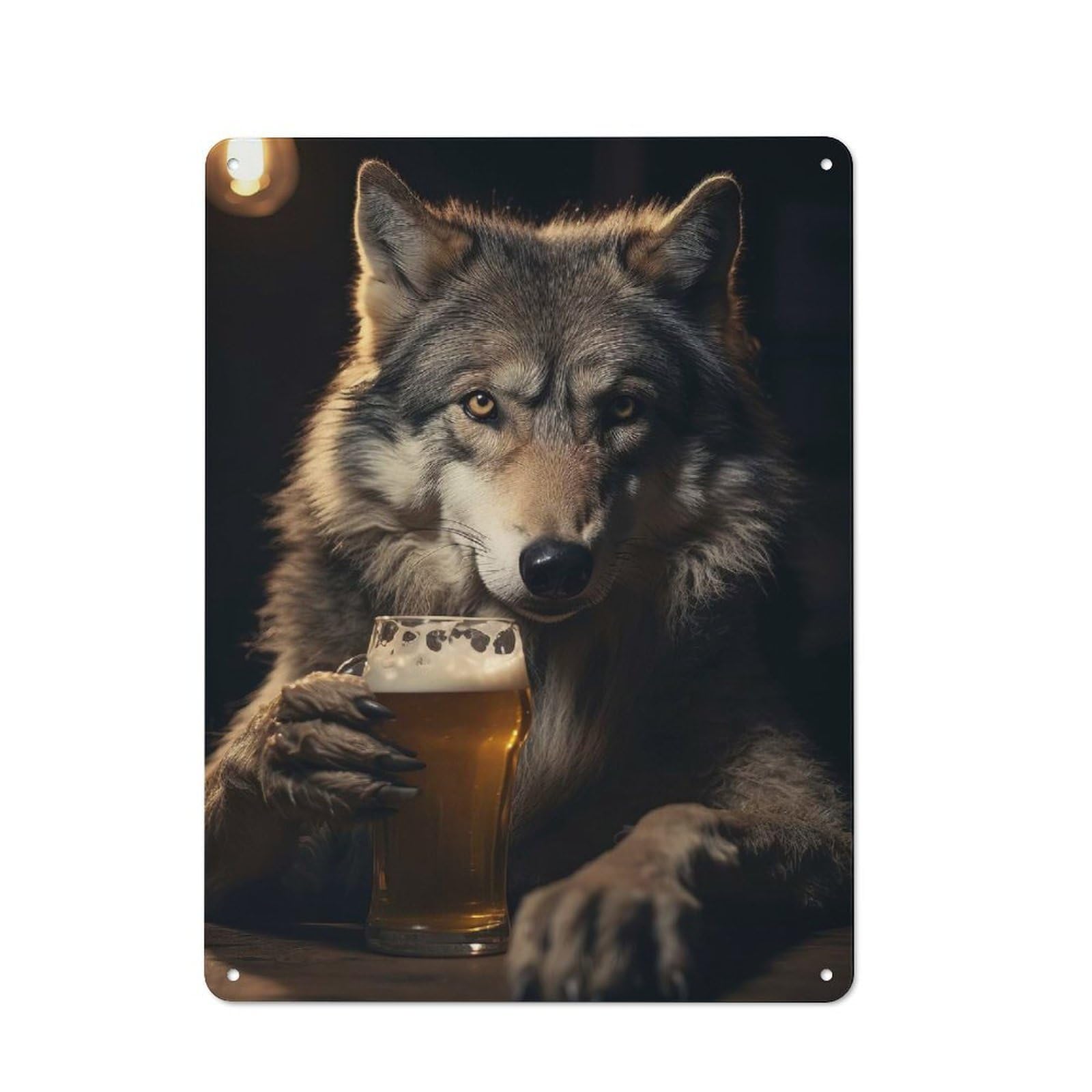 Junmoney Wolf Drinking Beer Pint Country Vintage Metal Wall Decor 40X30cm, Decorative Tin Sign For Cottage, Kitchen, Hallway Or Breakfast Nook