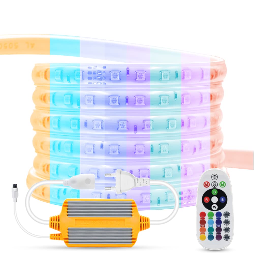 RGB LED Streifen 25M,AC220-240V SMD5050 60LEDs/m Wasserdichte Flexibel Bunt Streifen,1500W Regler Außenbereich Multi-Farbwechsel LED Lichtband mit 24 Tasten Fernbedienung für Wohnzimmer, Balkon