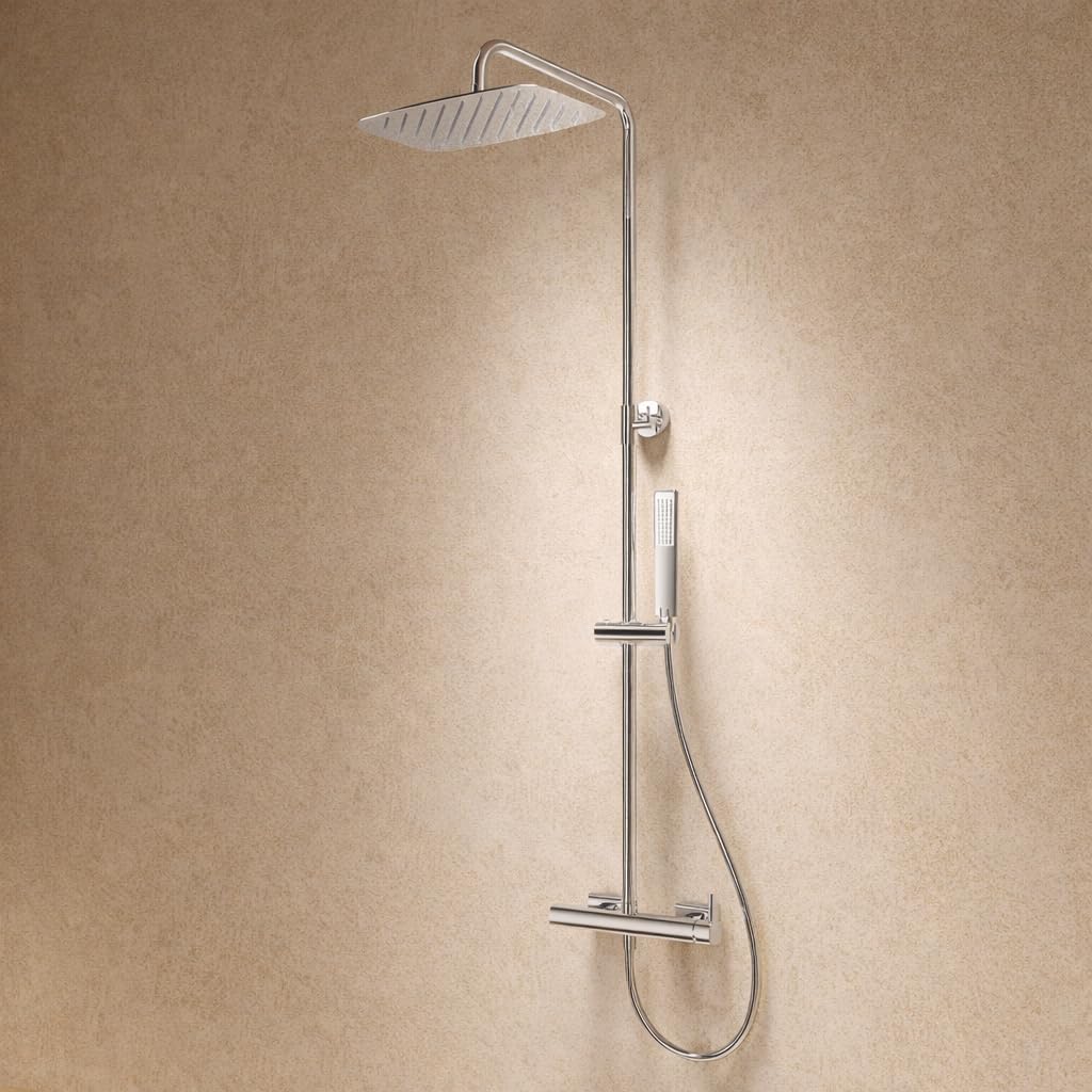 Columna Ducha Monomando con Grifo y Barra Extensible Acero Inoxidable S.304 | Rociador Extraplano 20x30 cm Efecto Lluvia Antical + Mango de Ducha | Grifería Baño IMEX Toscana