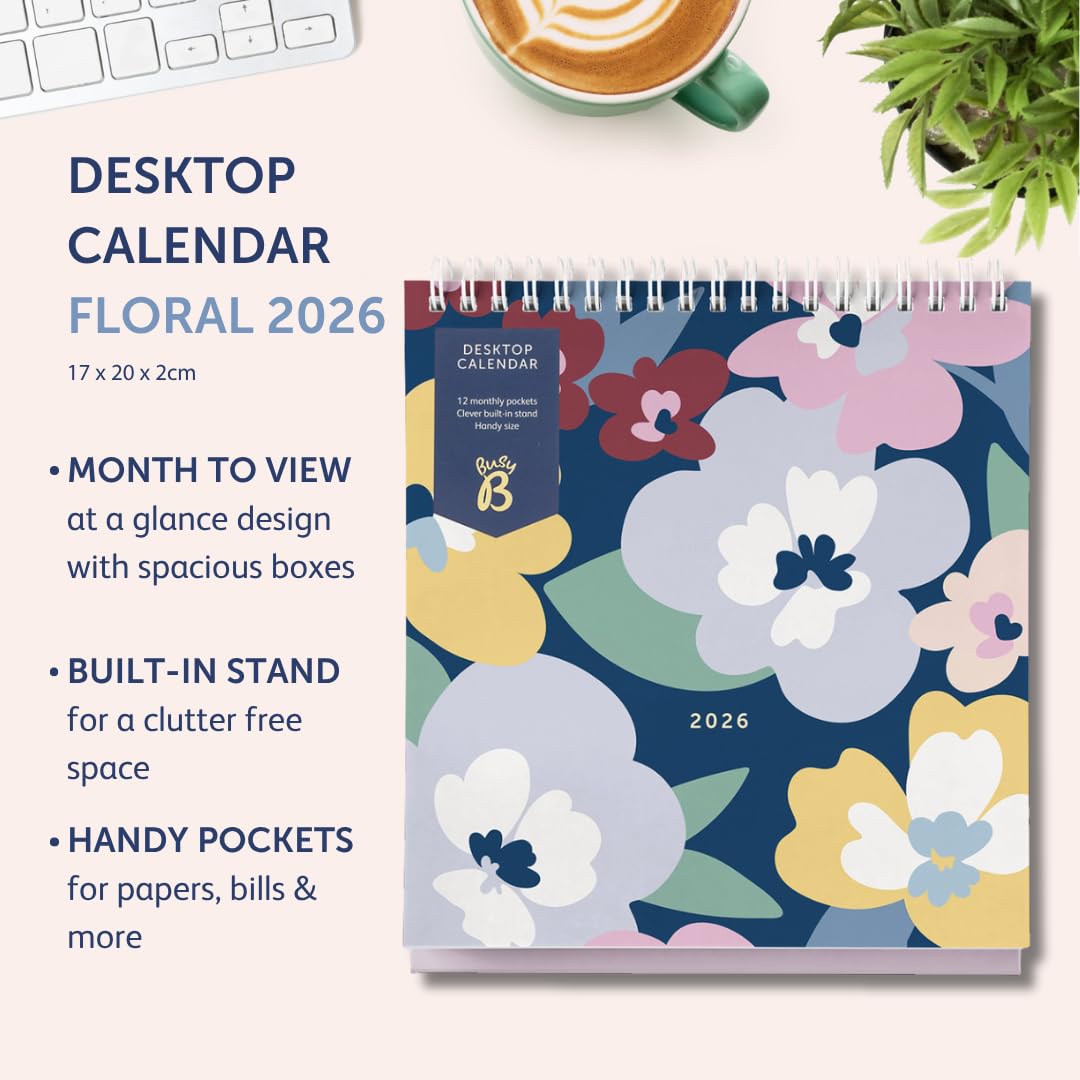Busy B Wekelijkse bureaukalender 2025 - januari - december blauw 2025 kalender met ingebouwde standaard en flip-top binding - 5 schema's werkkalender voor kantoor of thuis - planner voor