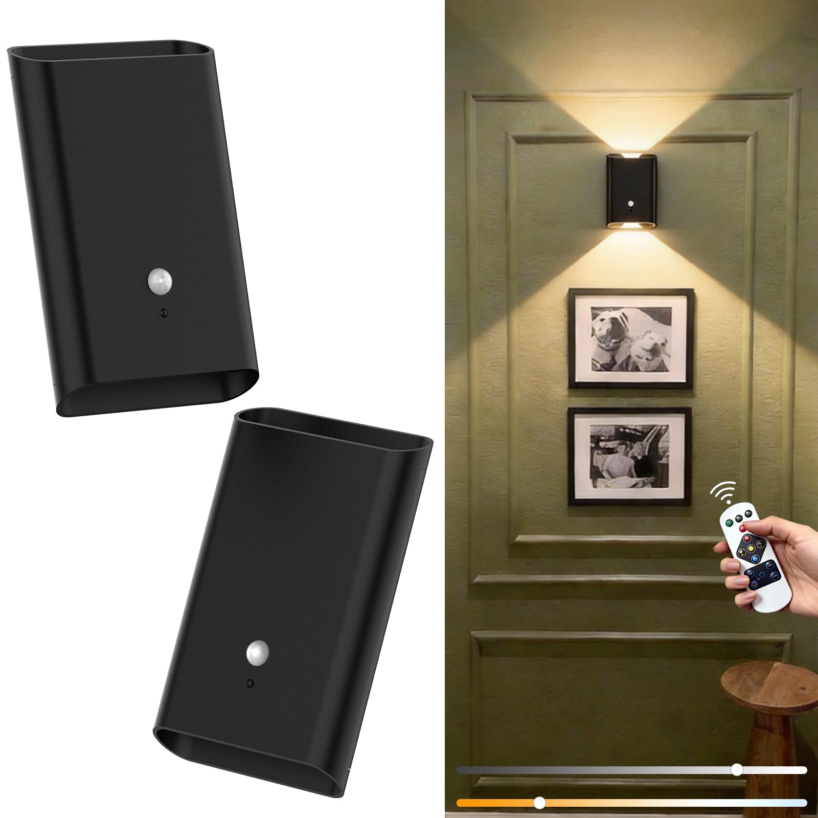 Magnetic Motion Sensor Wall Sconces - Set of 2, Rechargeable Wall Light with Remote Control, 3 Colors Dimmable LED Wall Lamp, Battery Operated Night Light for Indoor Bedroom,Hallway,Stairs,Closet - 2