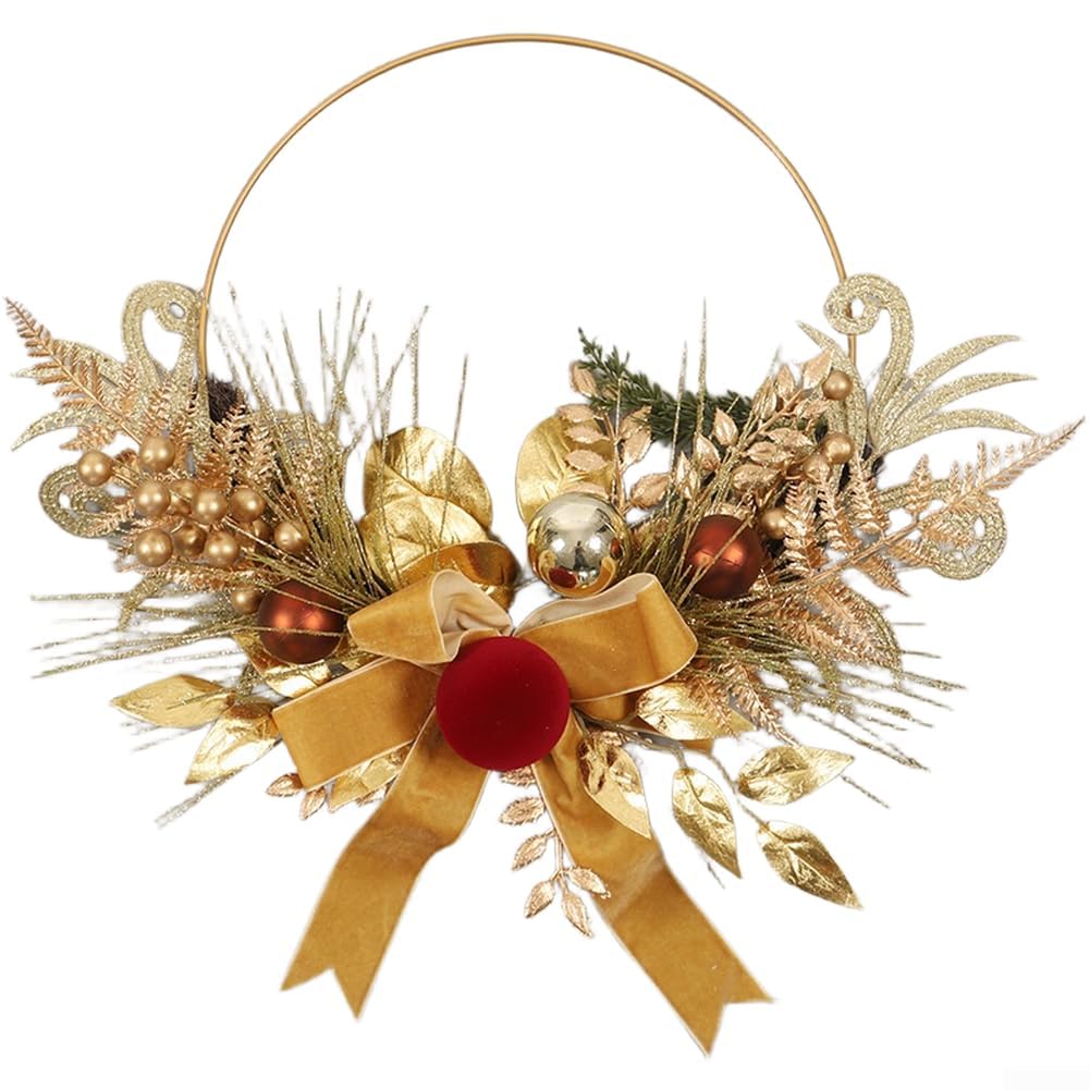 Corona de Navidad dorada, luces LED de terciopelo de 17.7 pulgadas, bolas metálicas de arco