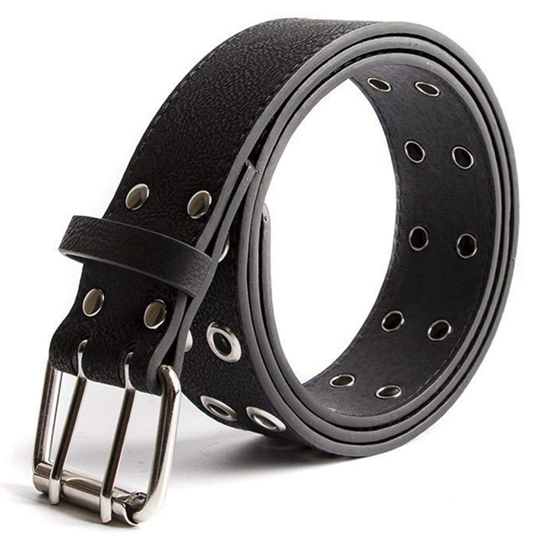 Punk Double Pin Buckle Men's Belt Grommet Rivets Waist Belt PU Leather Waist Strap Fashion Casual Jeans Rock Belt Waistband (Black)