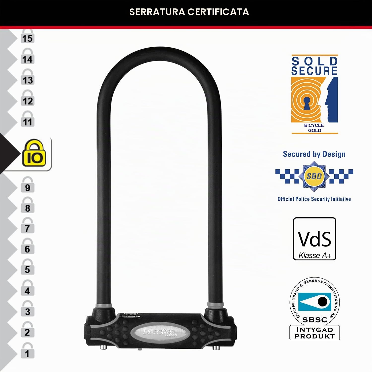 Master Lock Catena Bici U, Chiave, Supporto per il Trasporto, Certificato Antifurto, XL, 8195EURDPROCOLW, Da utilizzare con bici elettriche, da montagna, da strada, pieghevoli