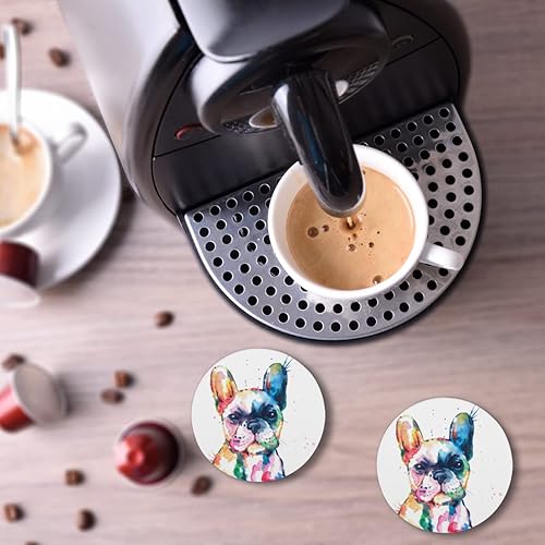 Miniatura 6 de Juego de 4 posavasos de animales para perros, posavasos de cerámica para bulldog francés de acuarela, posavasos redondos con base de corcho para