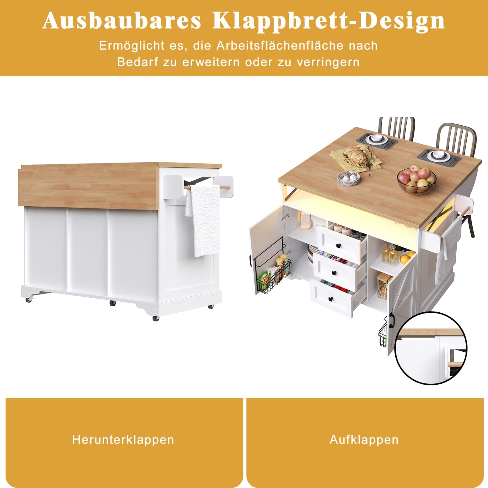 KOMHTOM Îlot de Cuisine Multifonctionnel 102 x 45 x 92 cm, Armoire de Cuisine avec 2 Tiroirs, 2 Portes, Porte-Serviettes Latéral, Porte-Bouteilles et Séparateurs Réglables (Blanc-J)