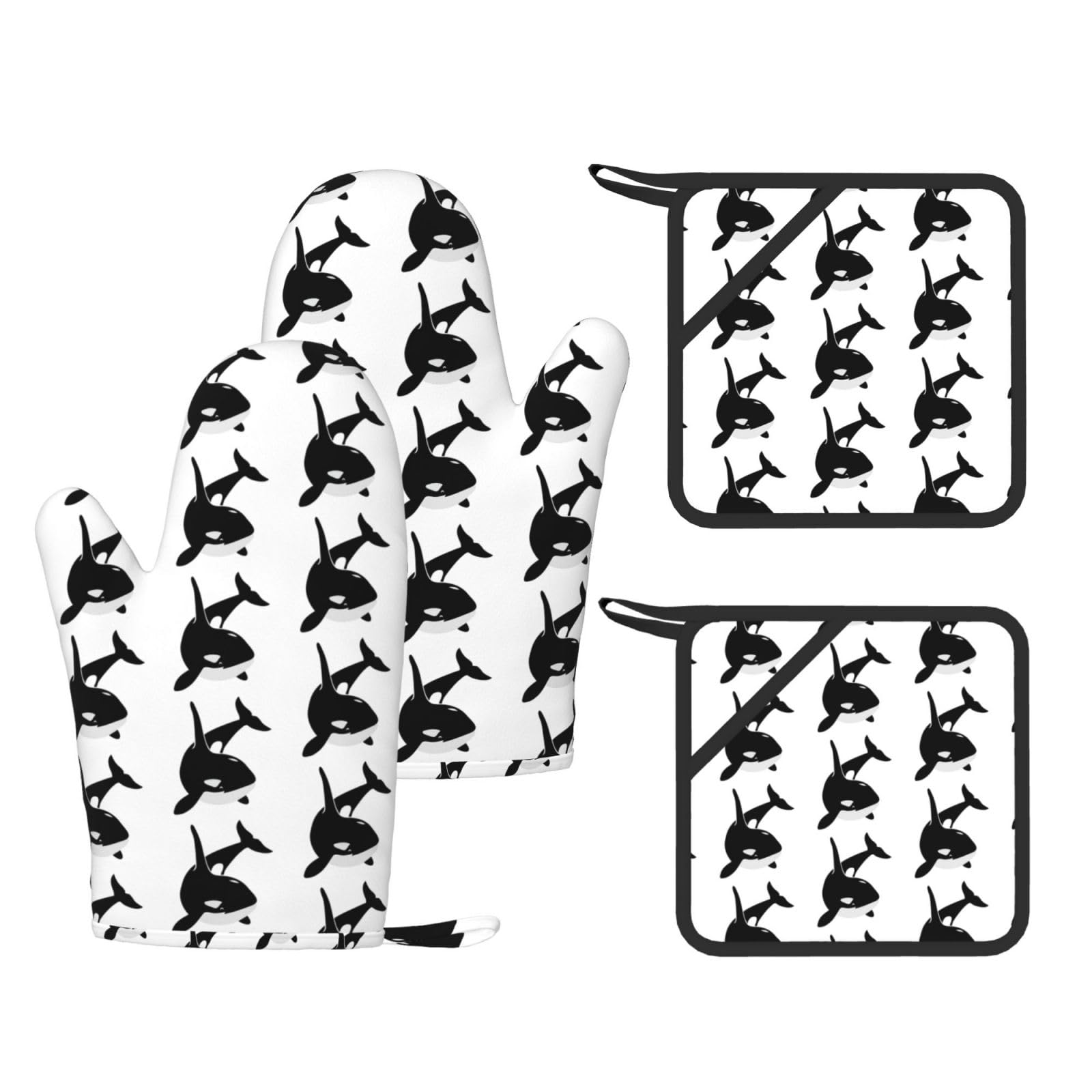 killer whale dolphin ocean Printed Cooking Mitts and Pot Holders 4 Pcs, Heat Resistant Oven Gloves with Hanging Loop Chef