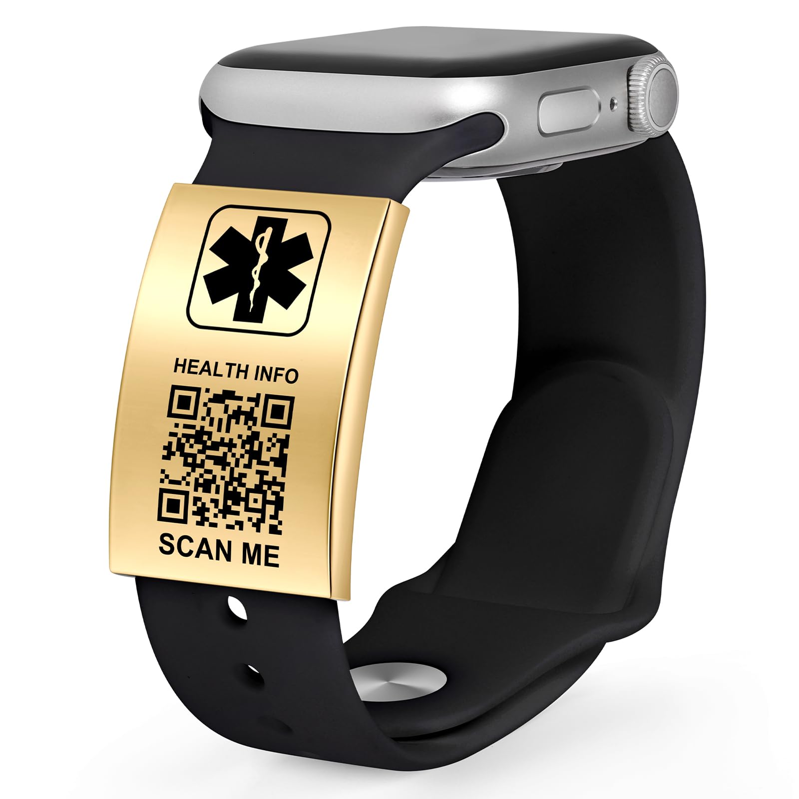 Medical Alert ID Tag for Watch Band Engraved QR Code Watch Safety Plate, Fitness Runners ID tag for Sport Smartwatch - More Space Custom Emergency Medical Info-Without Watchband