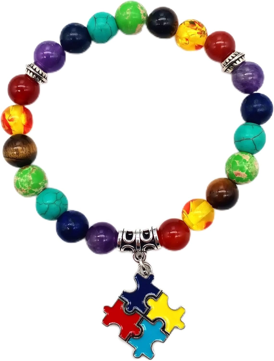 Autism Awareness 7 Chakra Beads Elastic Bracelet Colorful Beaded Love Heart Cross Ribbon Puzzle Jigsaw Charm Jewelry Gift for Autism Teacher Autistic Population