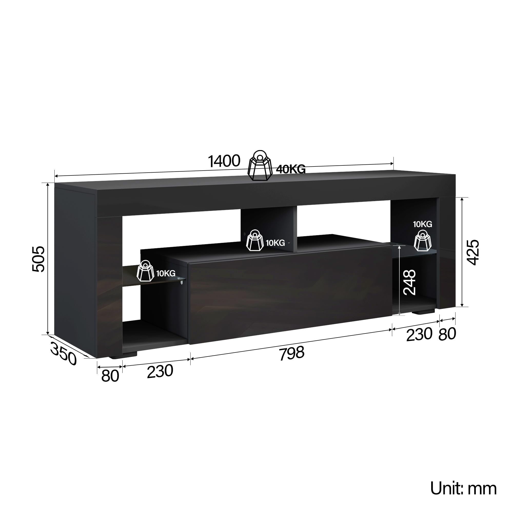 SIRHONA Meuble TV LED Noir, Banc TV 140x35x50.5cm, Éclairage LED RGB avec Couleur réglable, Capacité de Charge 40 kg, Convient pour Salon ou Chambre