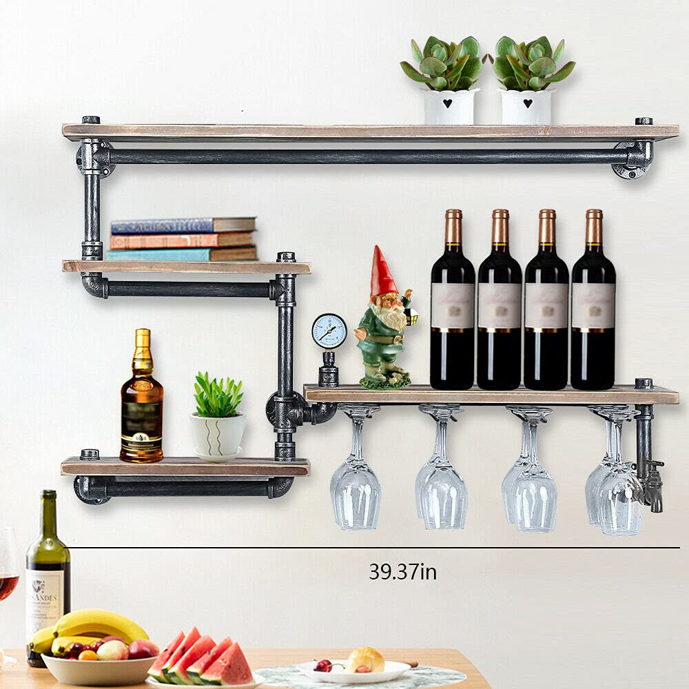 Gdrasuya10 Industrial Pipe Shelf Wall Mounted Wine Racks with 4 Stem Glass Holder Metal Floating Bar Shelves Modern Plants Photos Display Storage Shelves for Kitchen Dining Room Home Decor