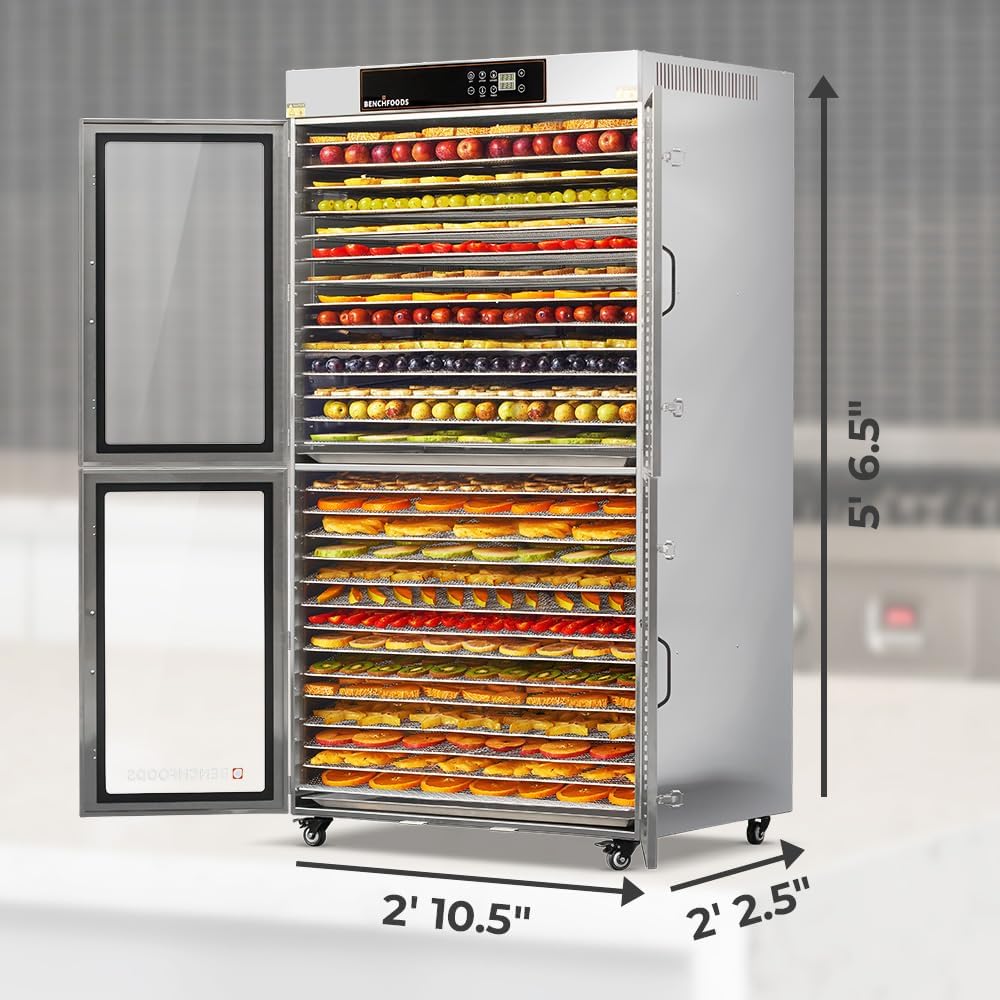 Side view of the BENCHFOODS Commercial Food Dehydrator with dimensions indicated: 5 feet 6.5 inches height, 2 feet 10.5 inches depth, and 2 feet 2.5 inches width.